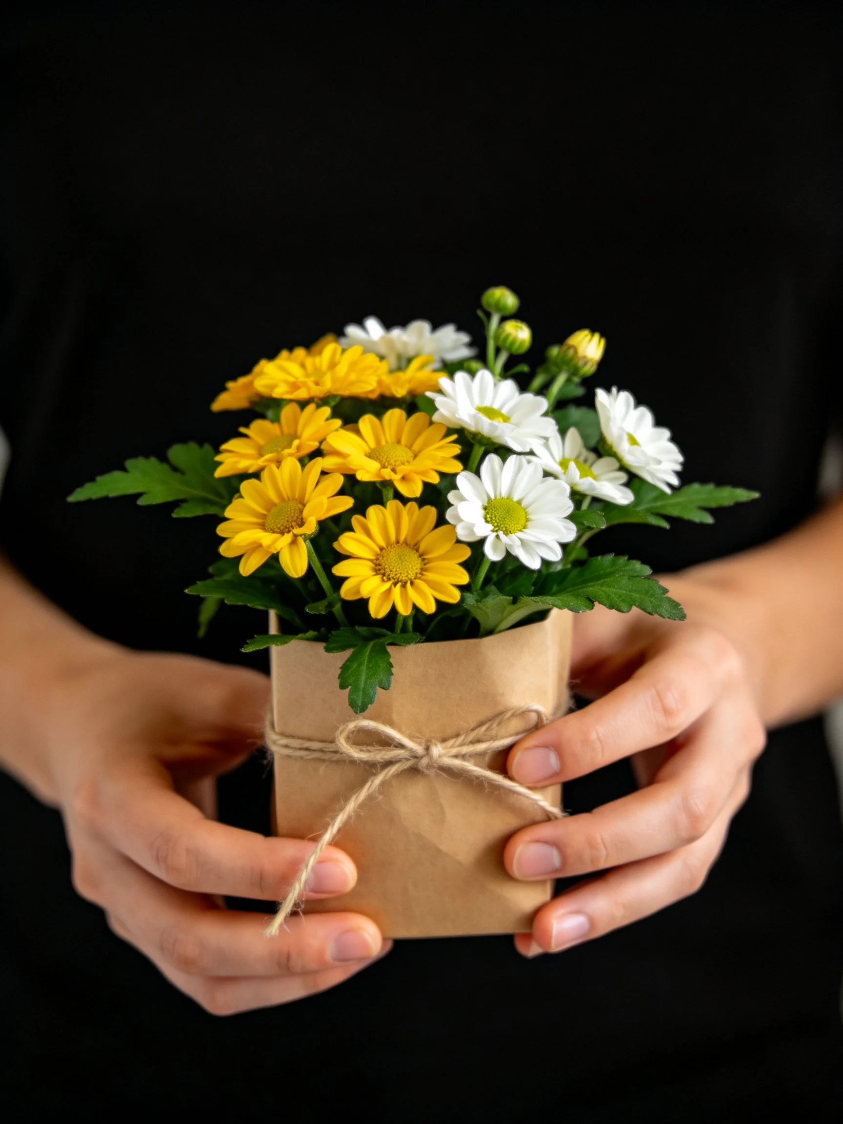 Hands holding a mixed daisy bouquet in a brown paper-wrapped container