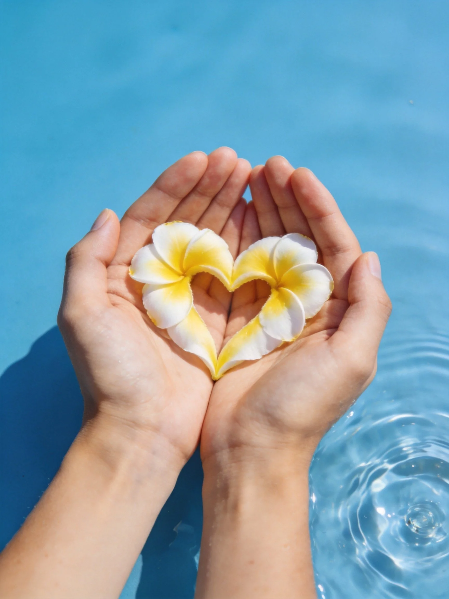 Hands holding two yellow-and-white flower hearts over clear blue water