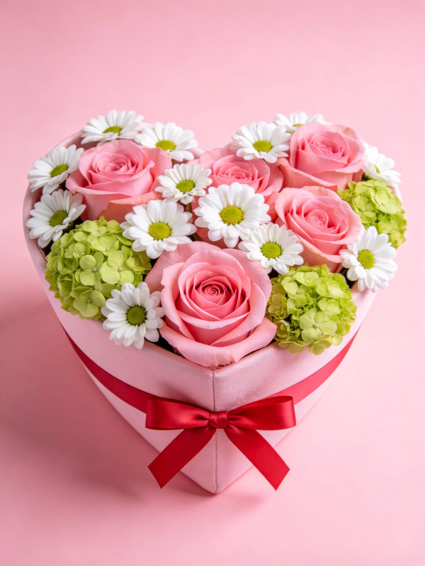 Heart - shaped pink floral arrangement with pink roses, white daisies, and green blooms
