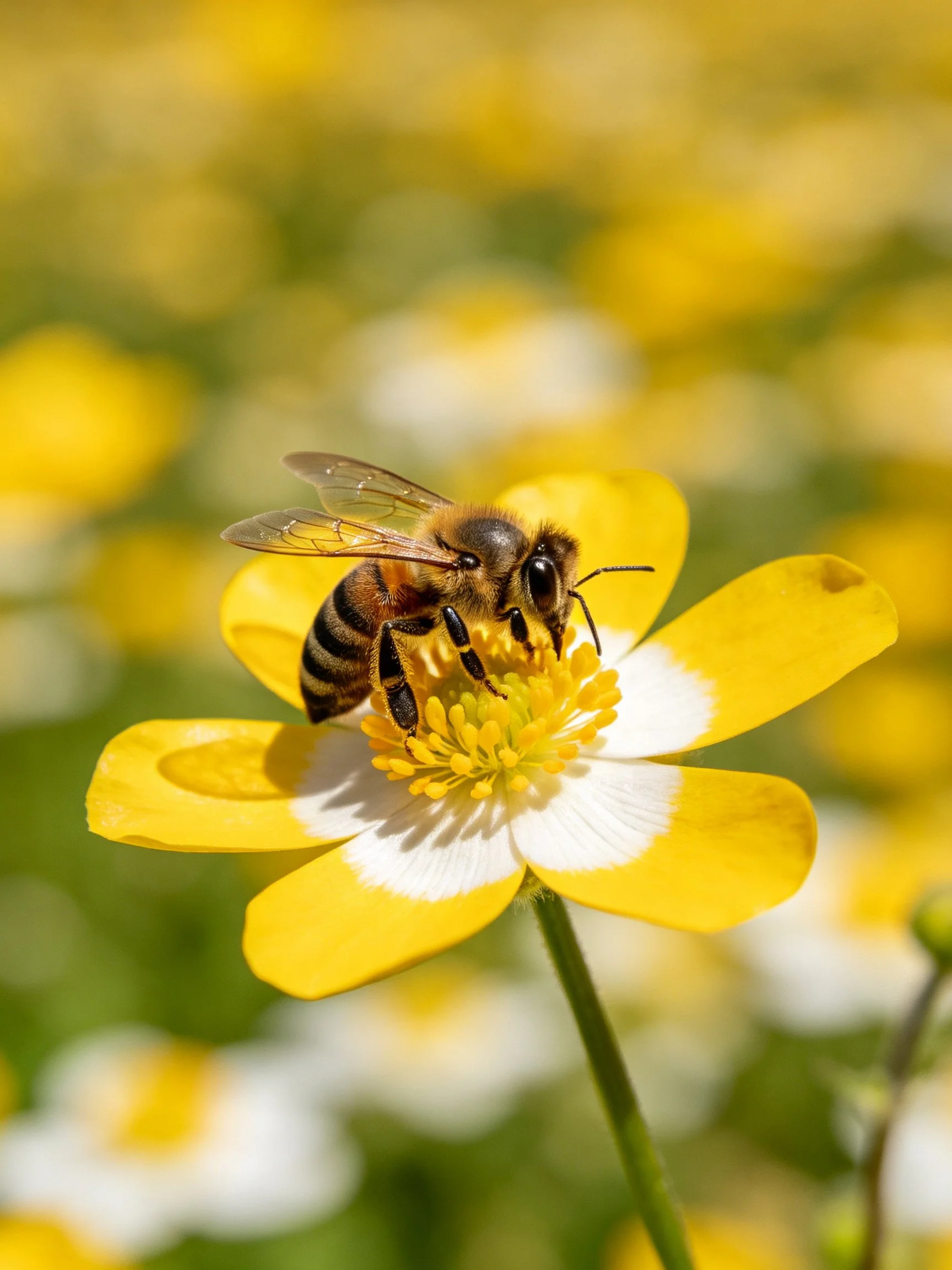 Honeybee Pollinating Yellow and White Flower