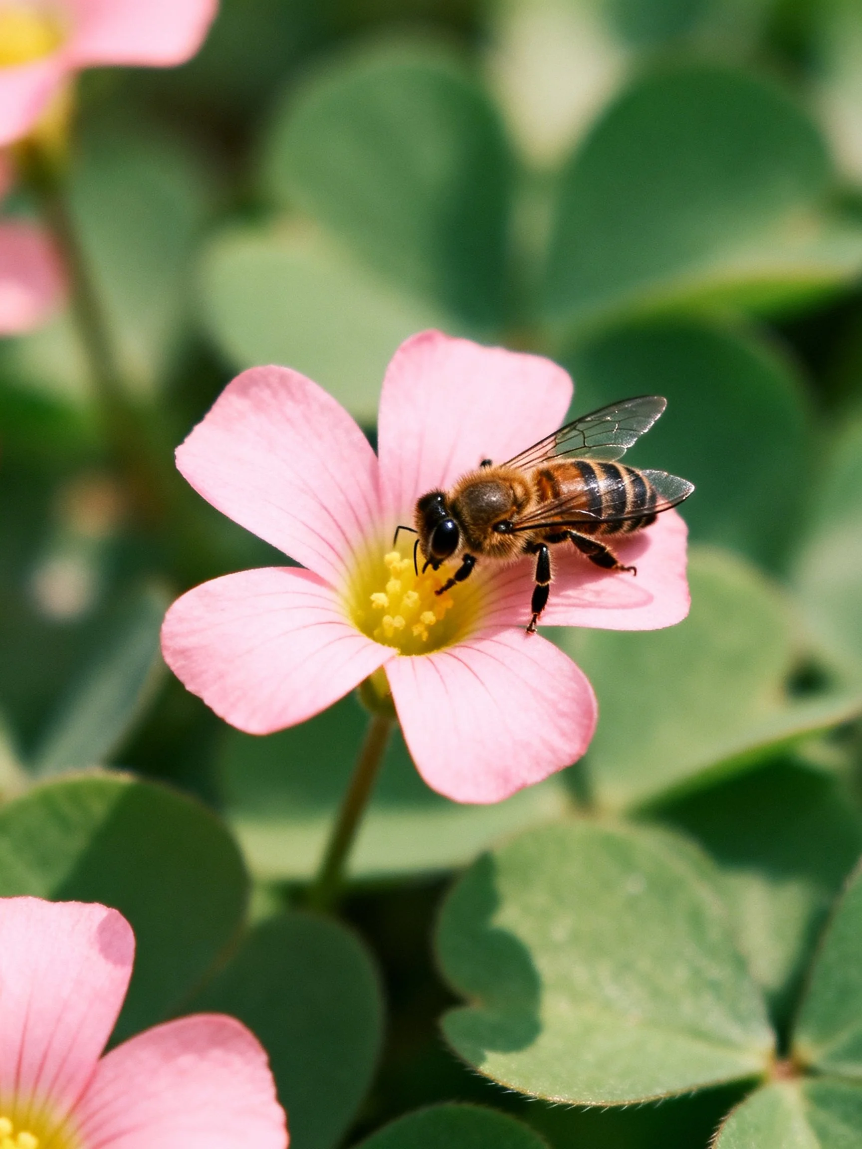 Honeybee collecting nectar from a pink flower with green foliage
