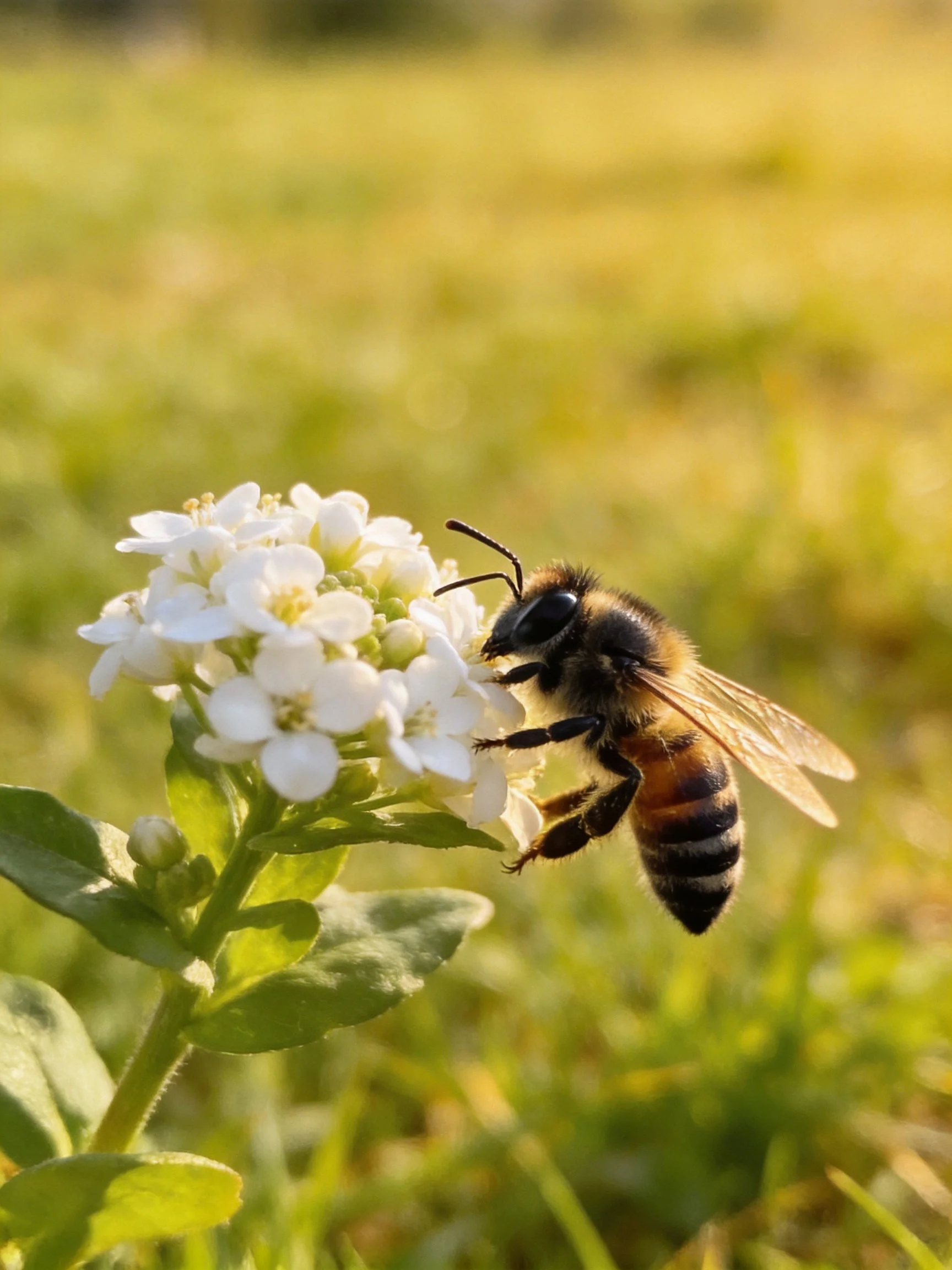 Honeybee collecting nectar from small white clustered flowers