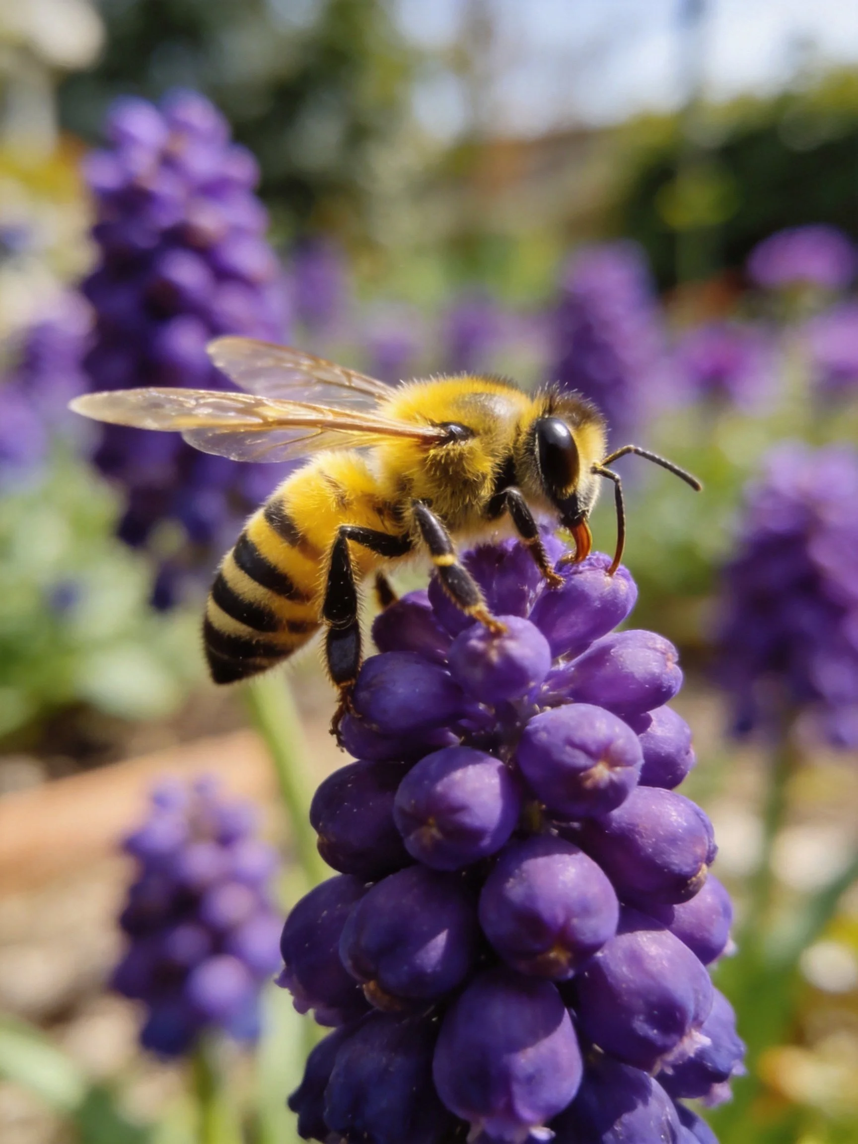 Honeybee collecting nectar from vibrant purple clustered flowers