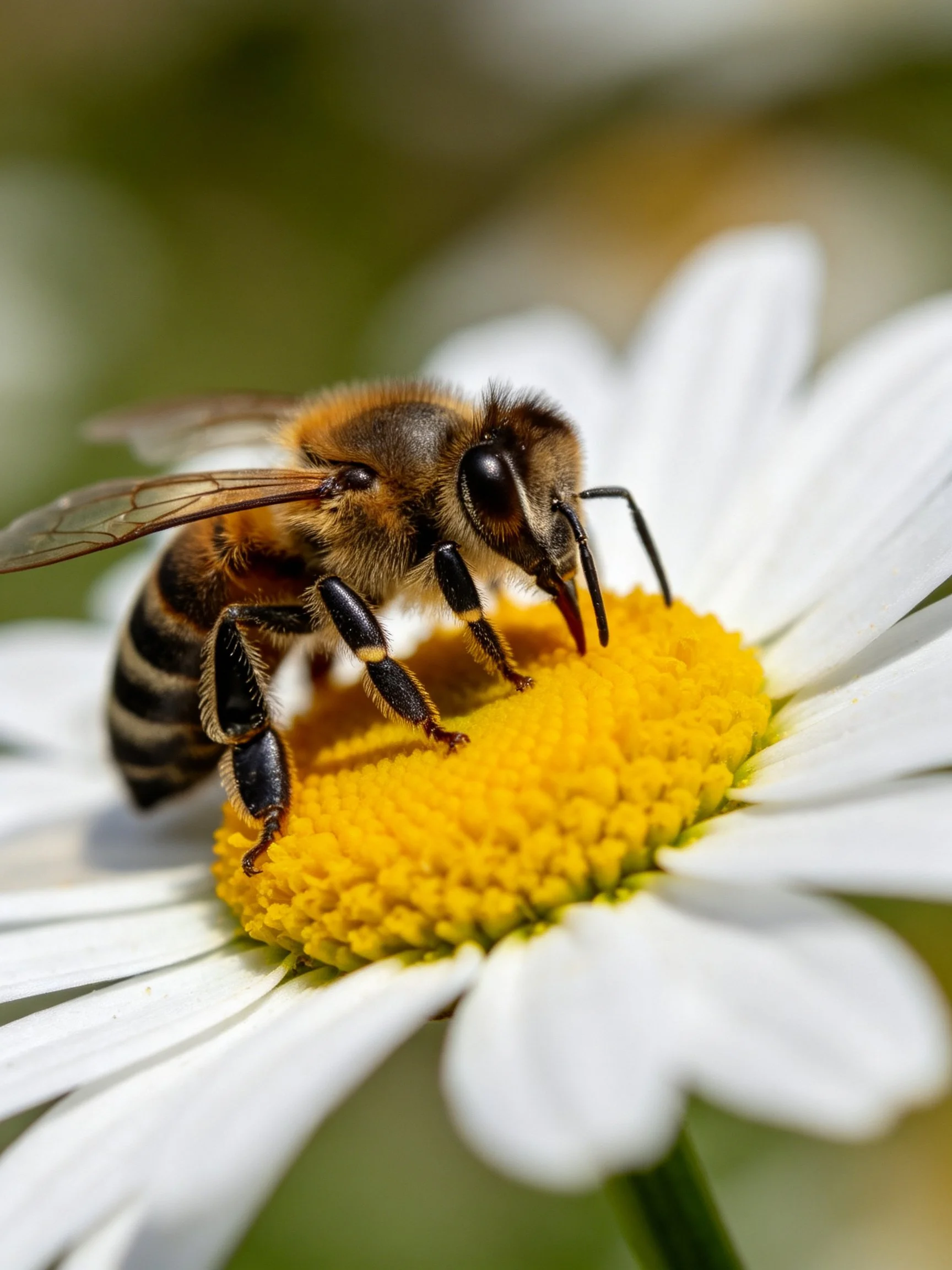 Honeybee collectingnectar from a white daisy blossom