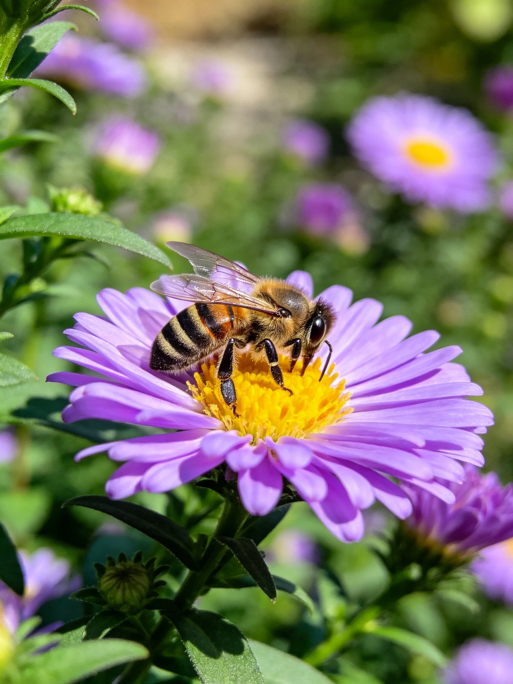 Honeybee gathering nectar from a vibrant purple aster flower