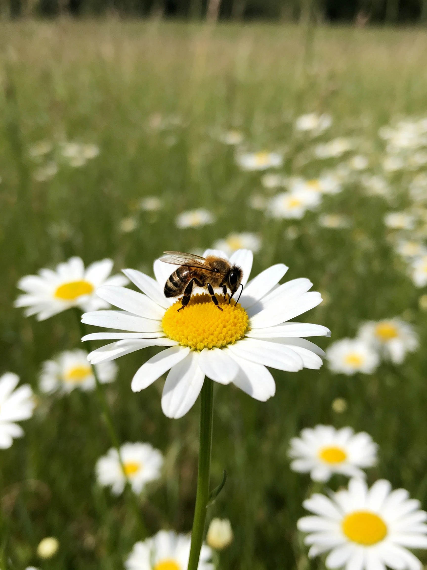 Honeybee gathering nectar from a white daisy in a flower-filled meadow