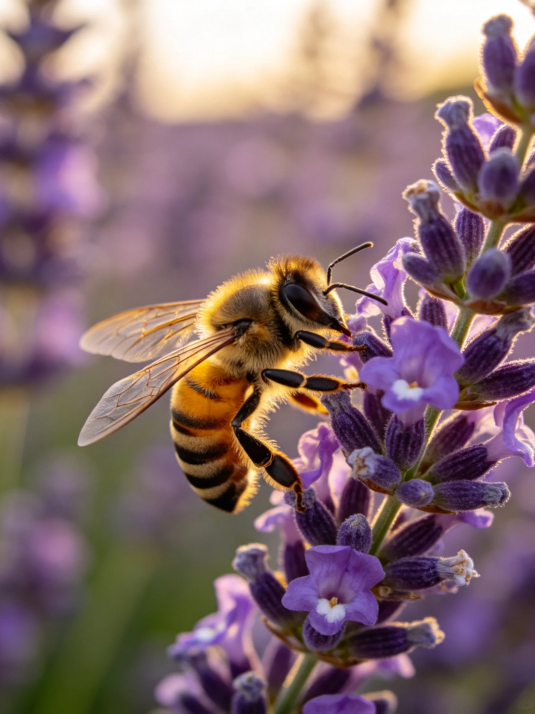 Honeybee gathering nectar from vibrant purple lavender flowers