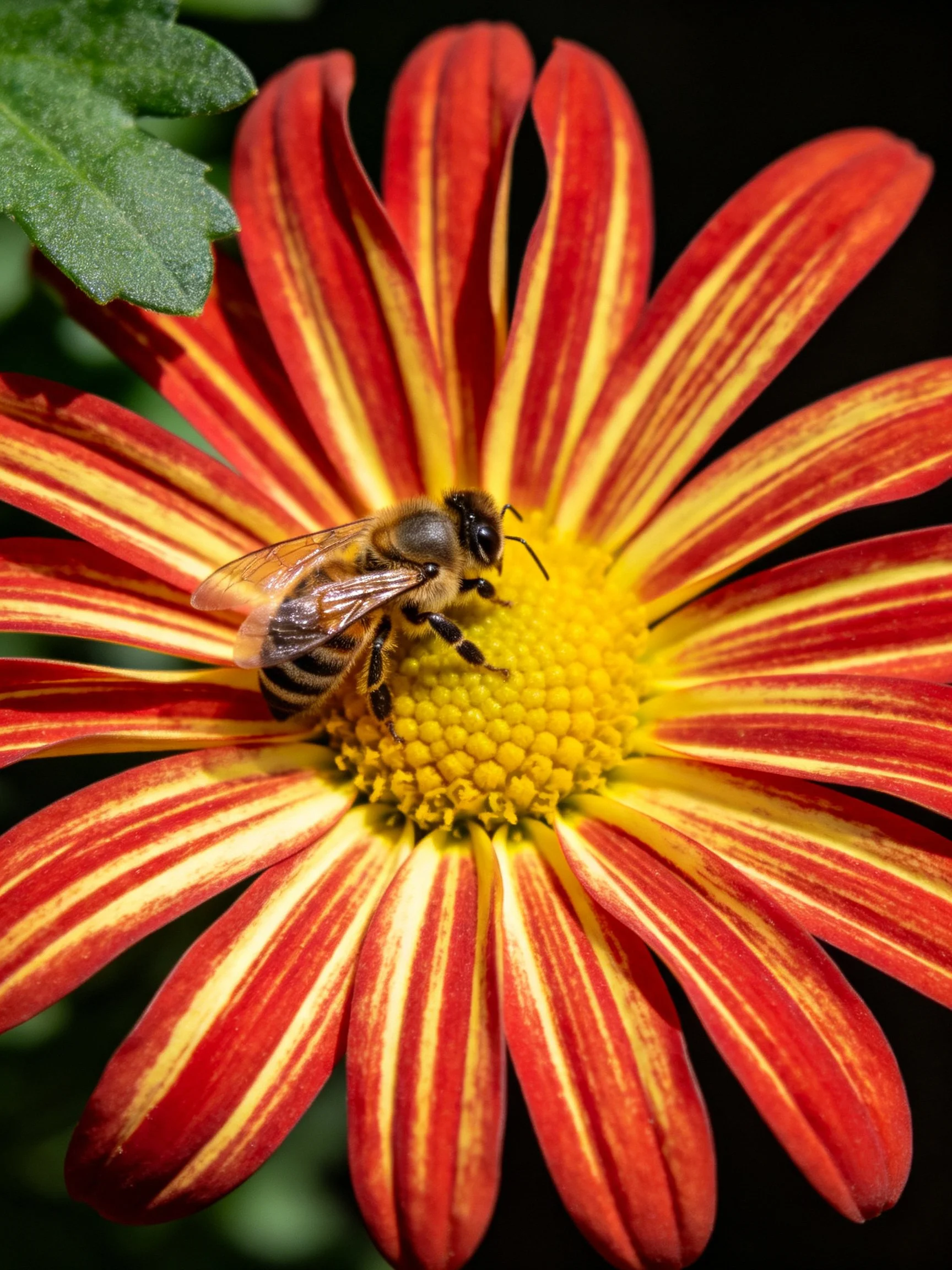 Honeybee gathering pollen on a red-yellow striped flower