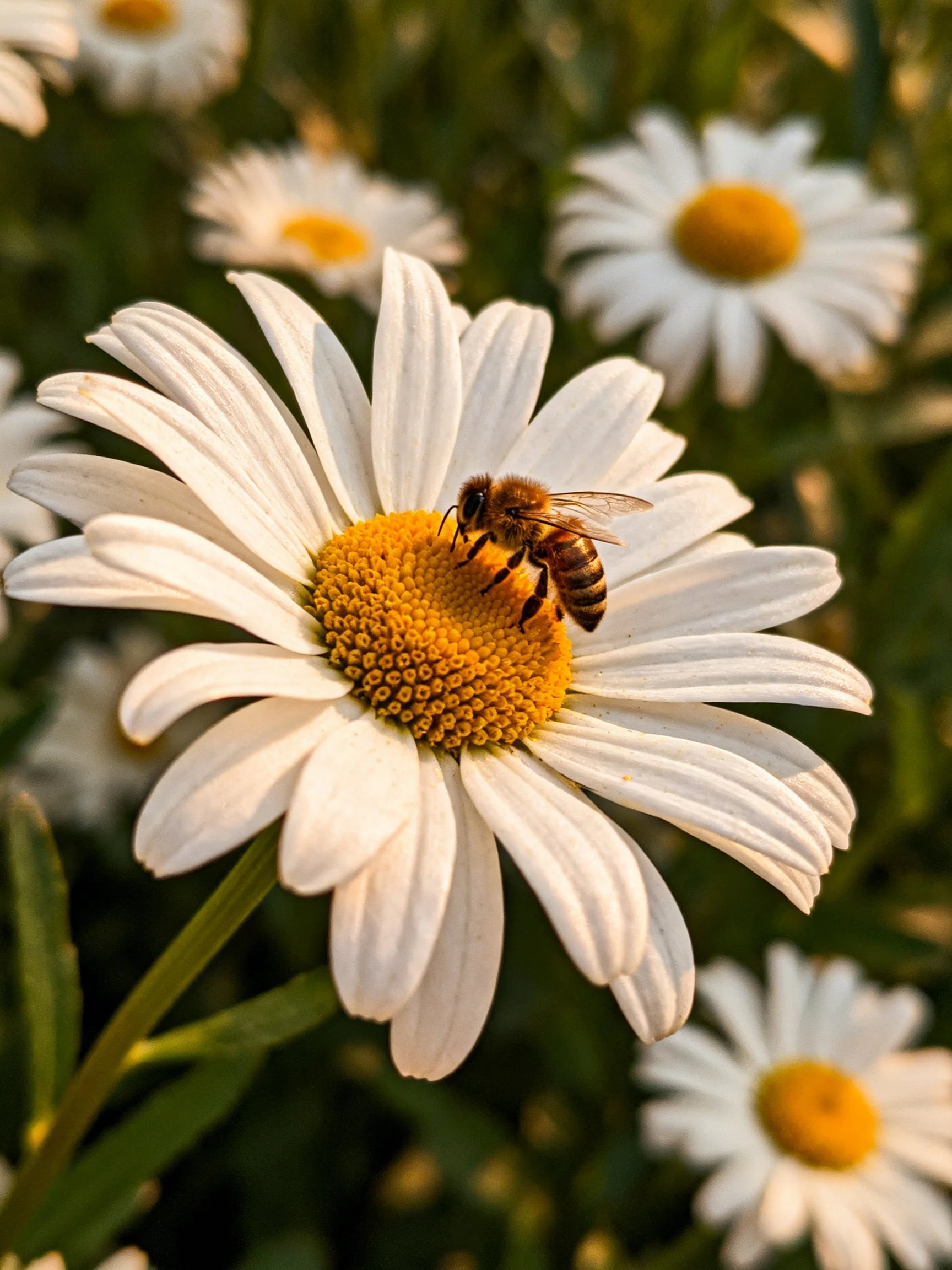 Honeybee gathering pollen on a white daisy with yellow center