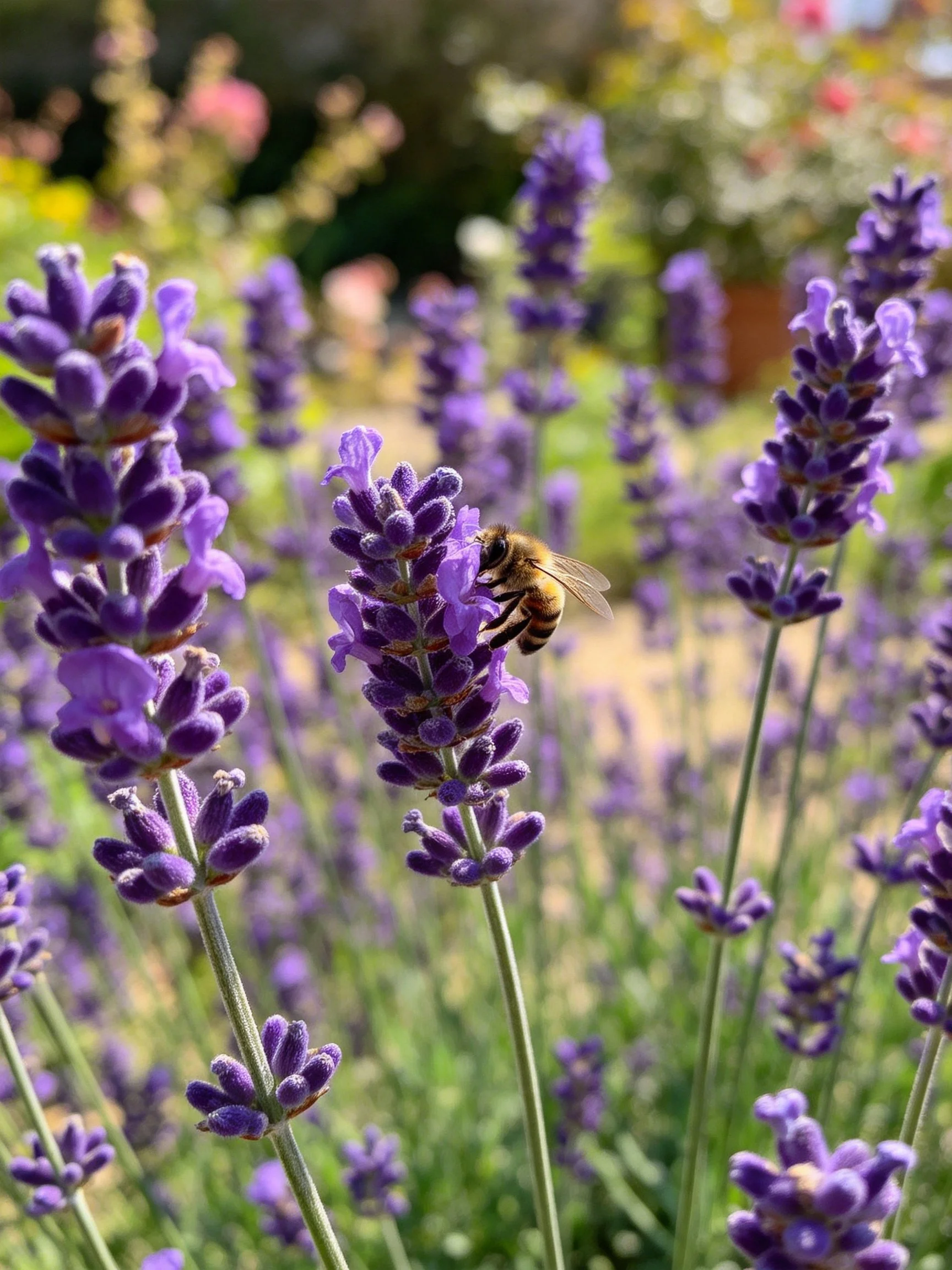 Honeybee interacting with purple lavender flowers in a sunlit garden