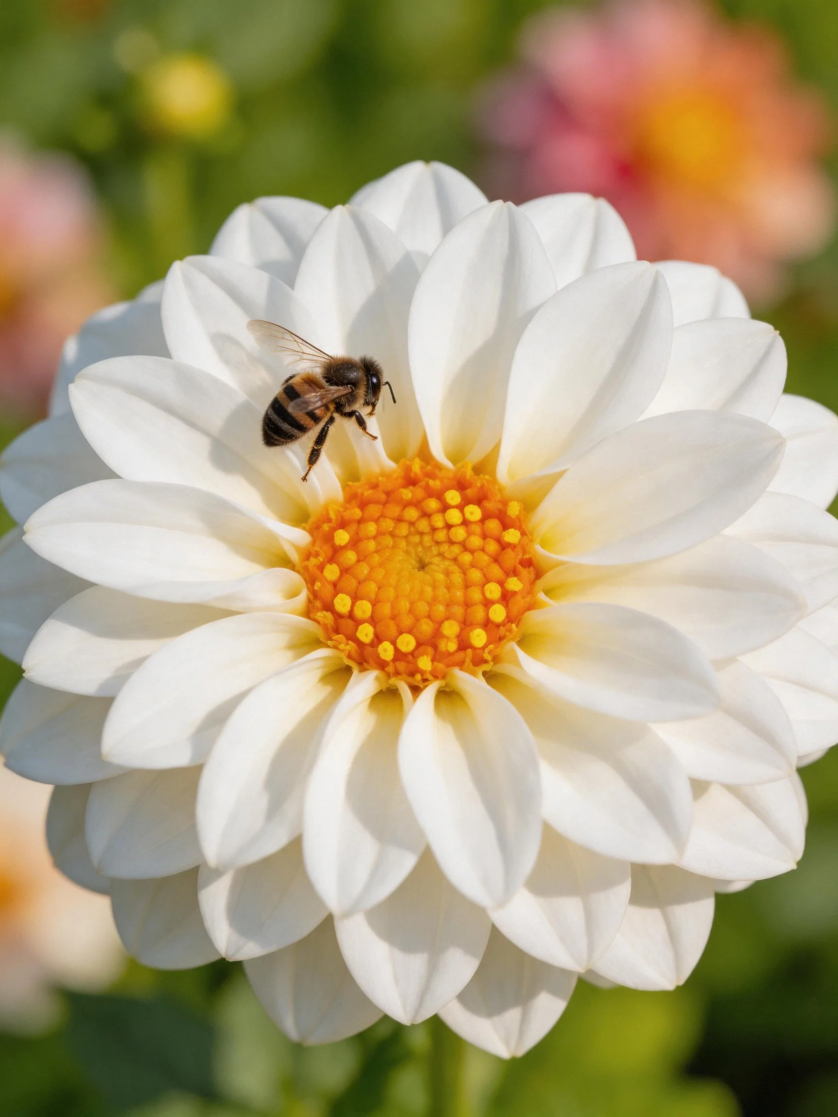 Honeybee on a large white dahlia with orange center