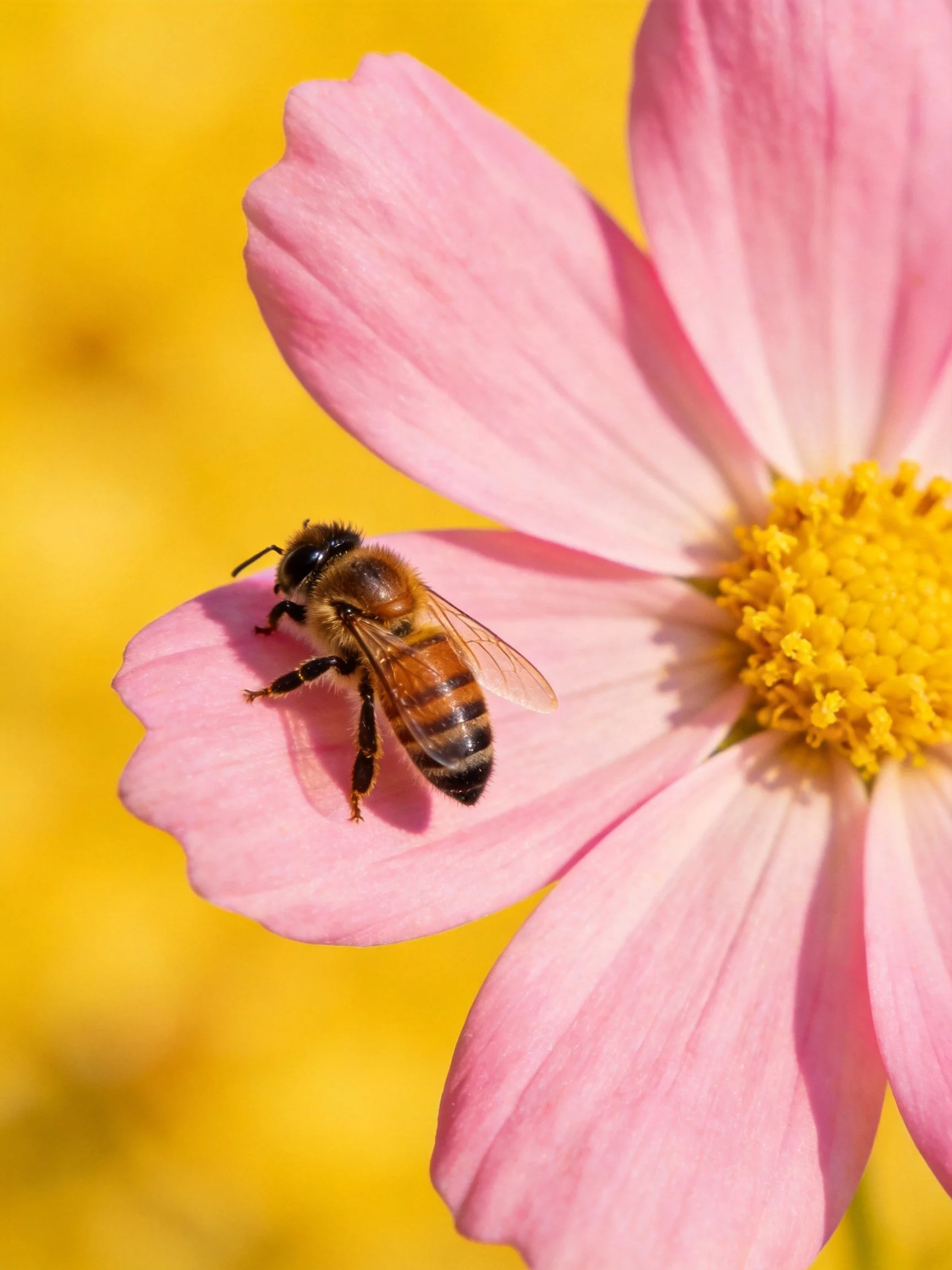 Honeybee on pink cosmos flower with yellow center
