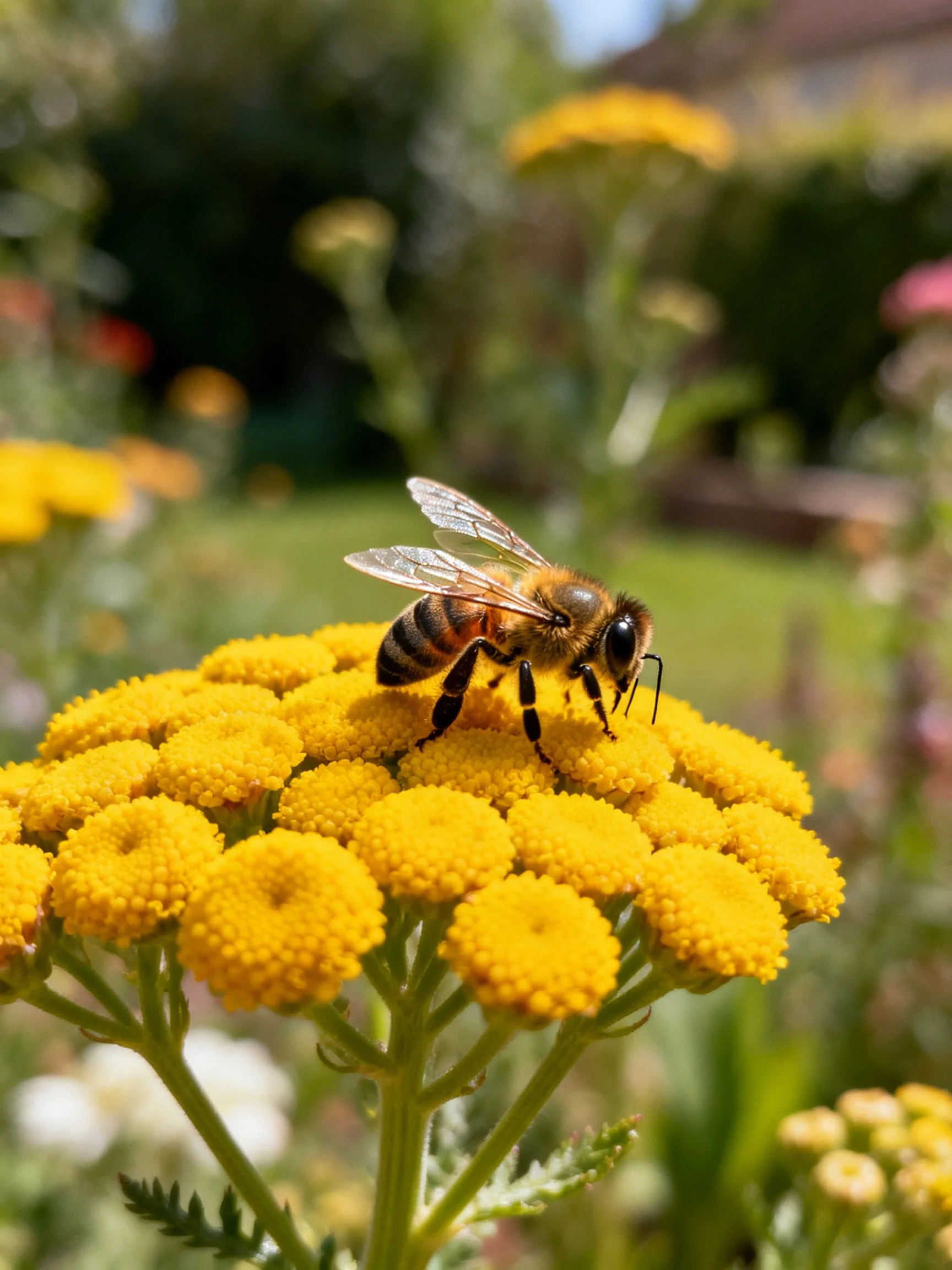 Honeybee on vibrant yellow clustered flowers in sunny garden