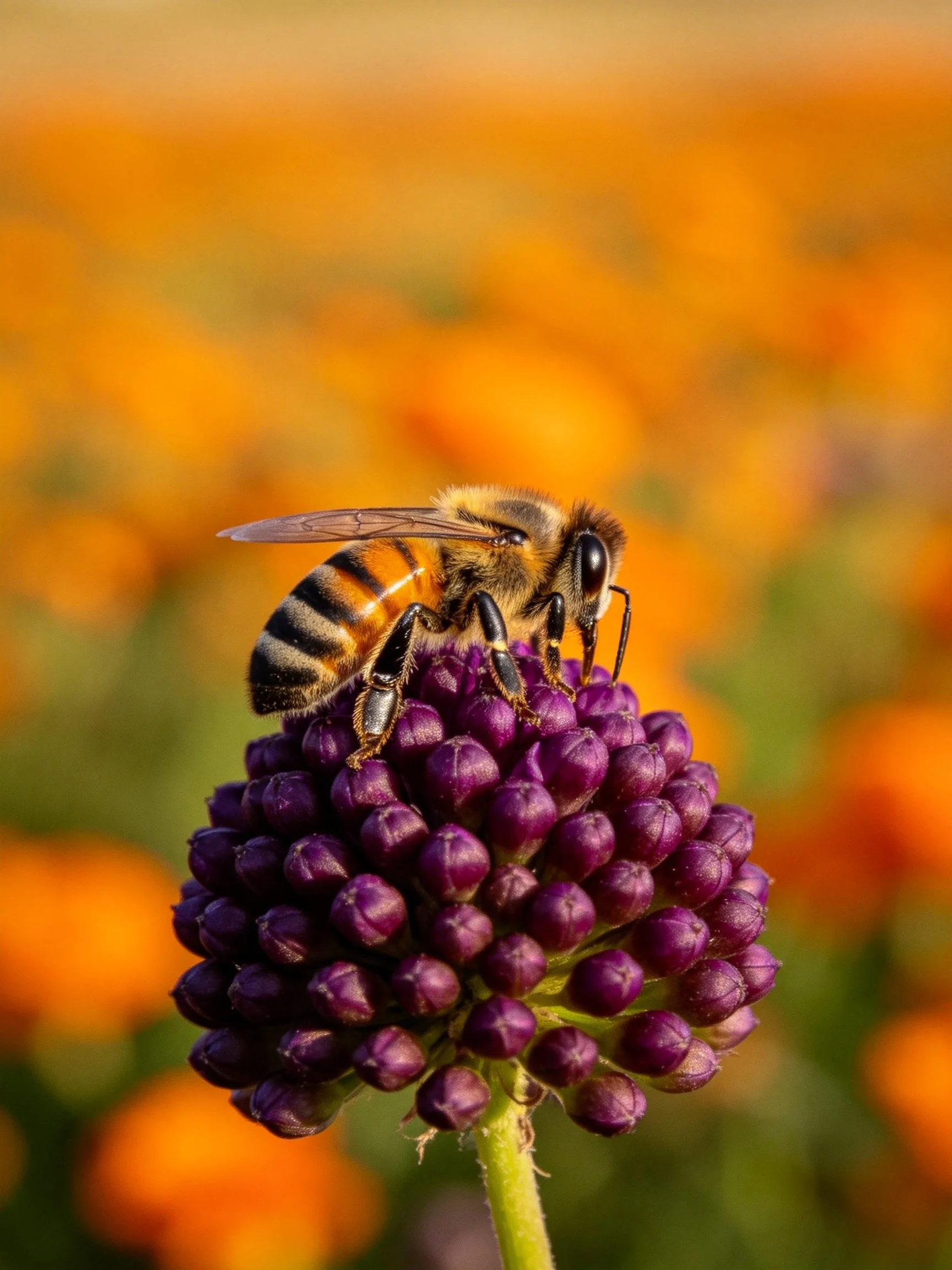 Honeybee perched atop a dense purple flower cluster