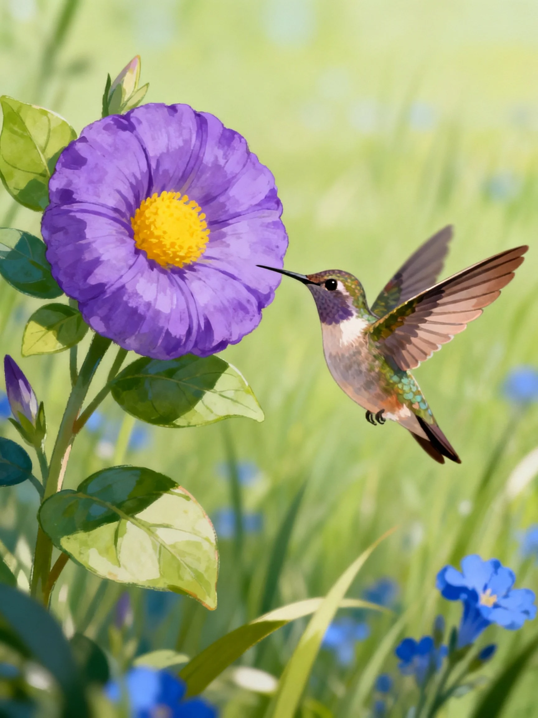 Hummingbird approaching large purple flower with yellow center