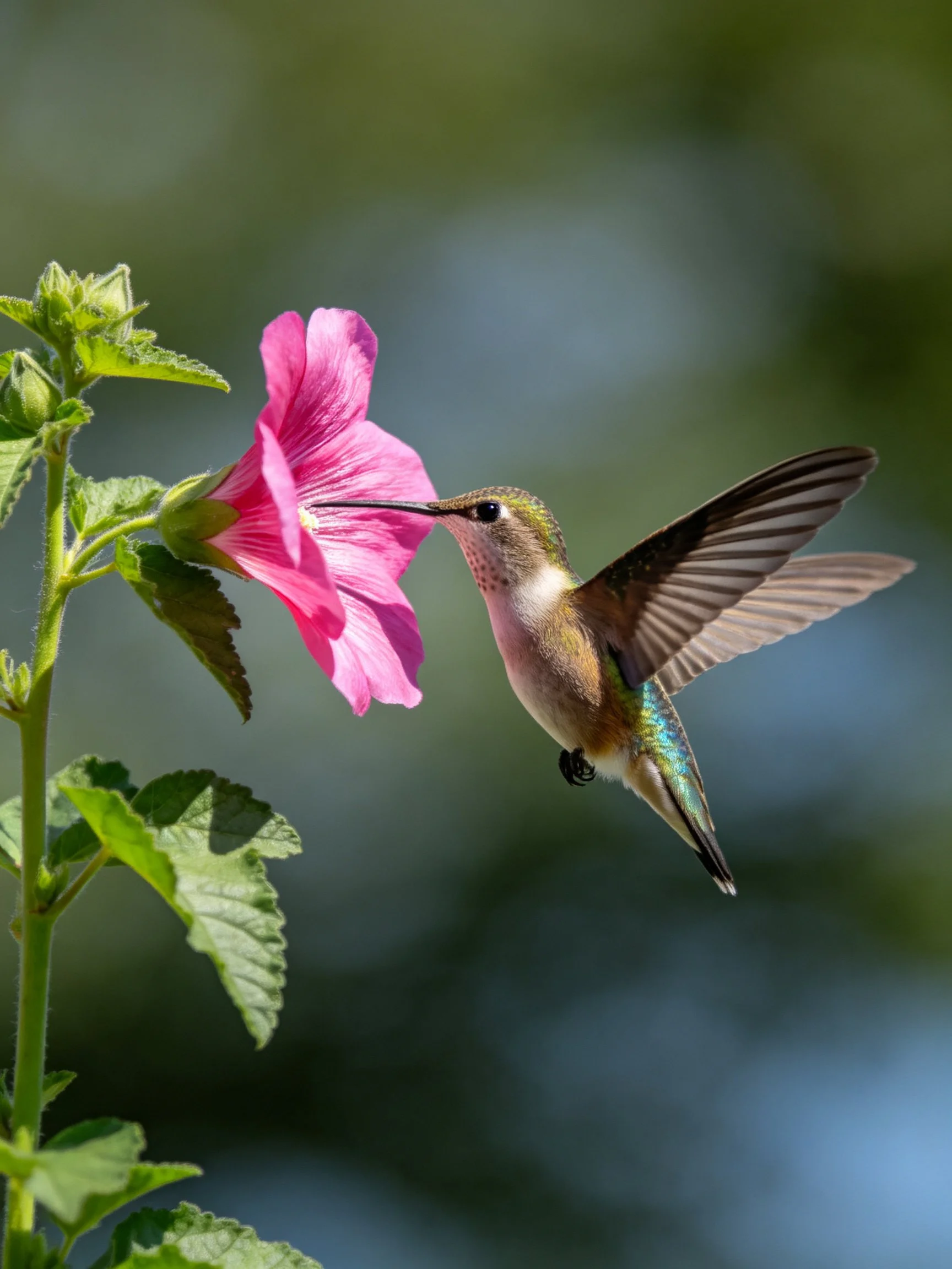 Hummingbird feeding from a vibrant pink hibiscus