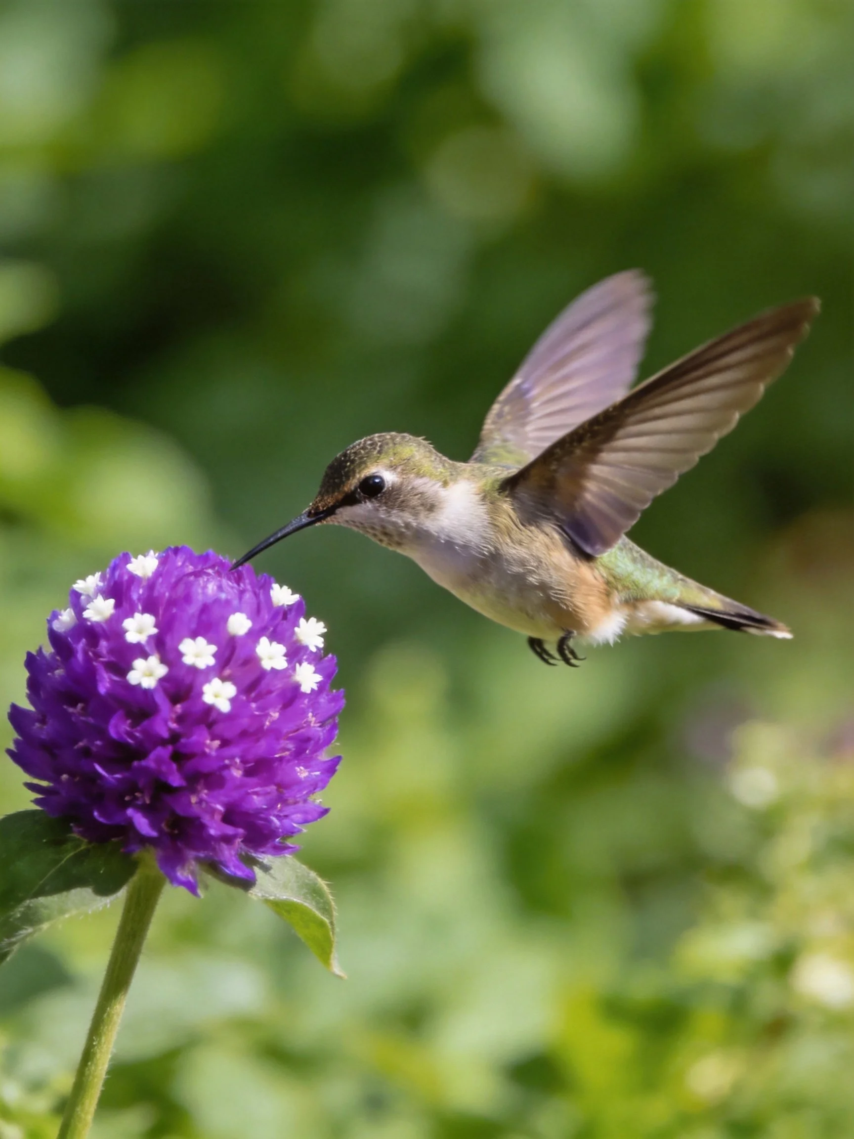 Hummingbird feeding from a vibrant purple flower