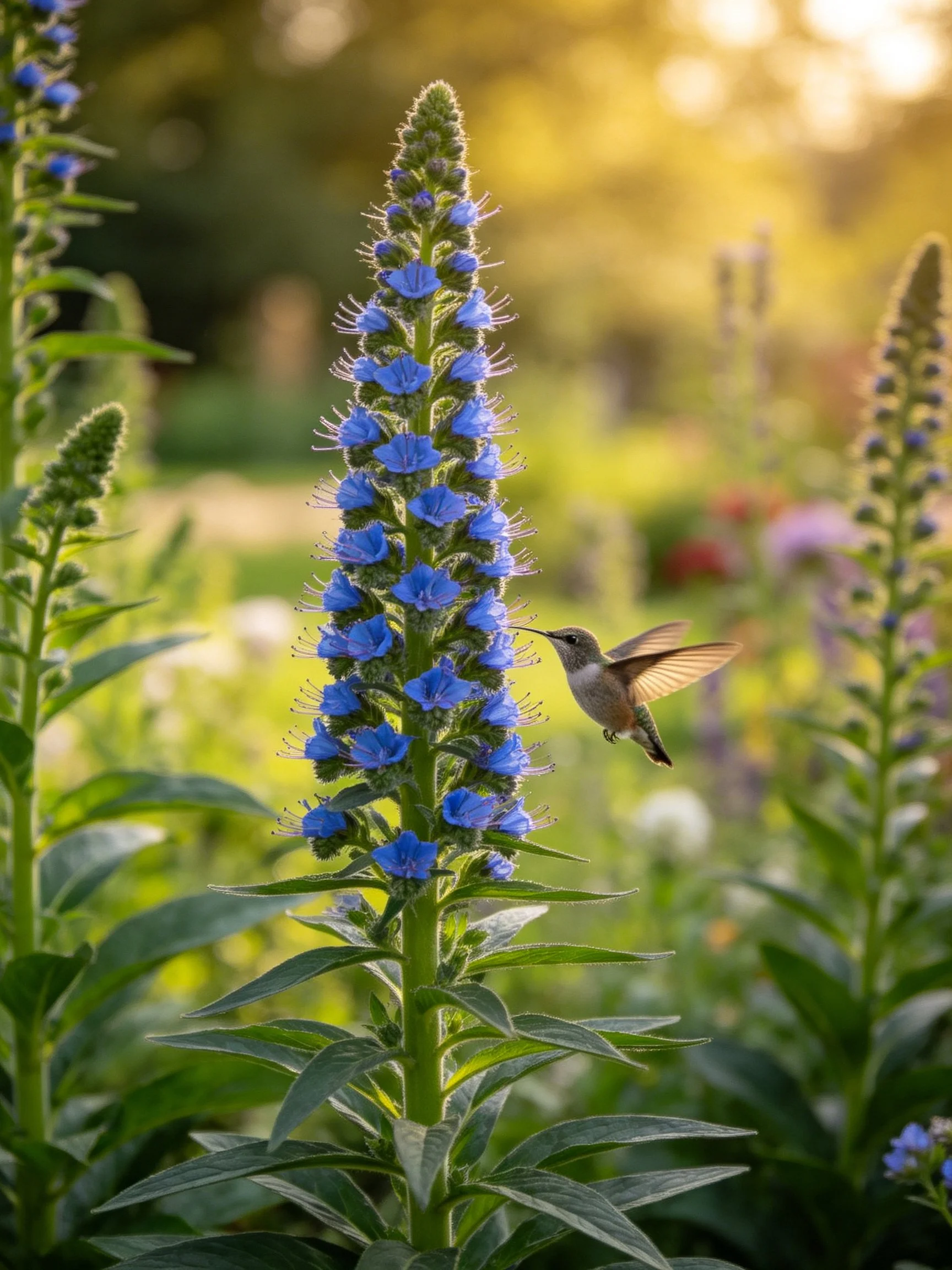 Hummingbird feeding from tall vibrant blue flower spikes