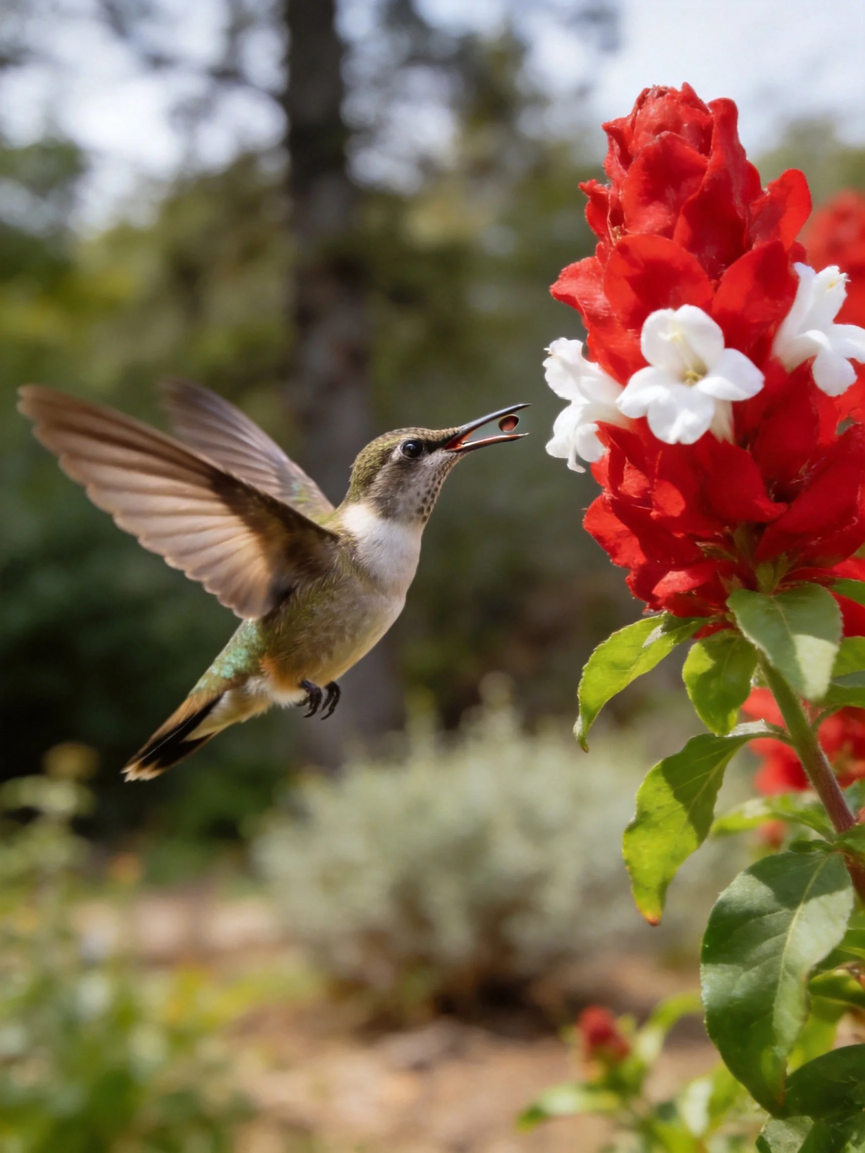 Hummingbird feeding from vibrant red and white flowers
