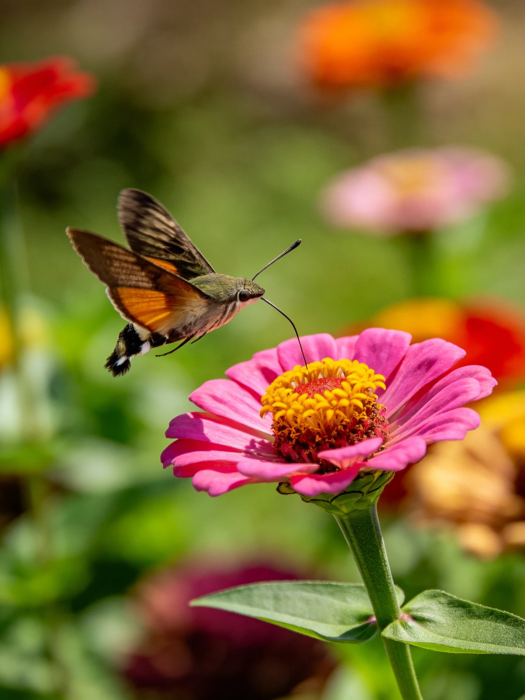 Hummingbird hawk-moth hovering over vibrant pink zinnia flowers