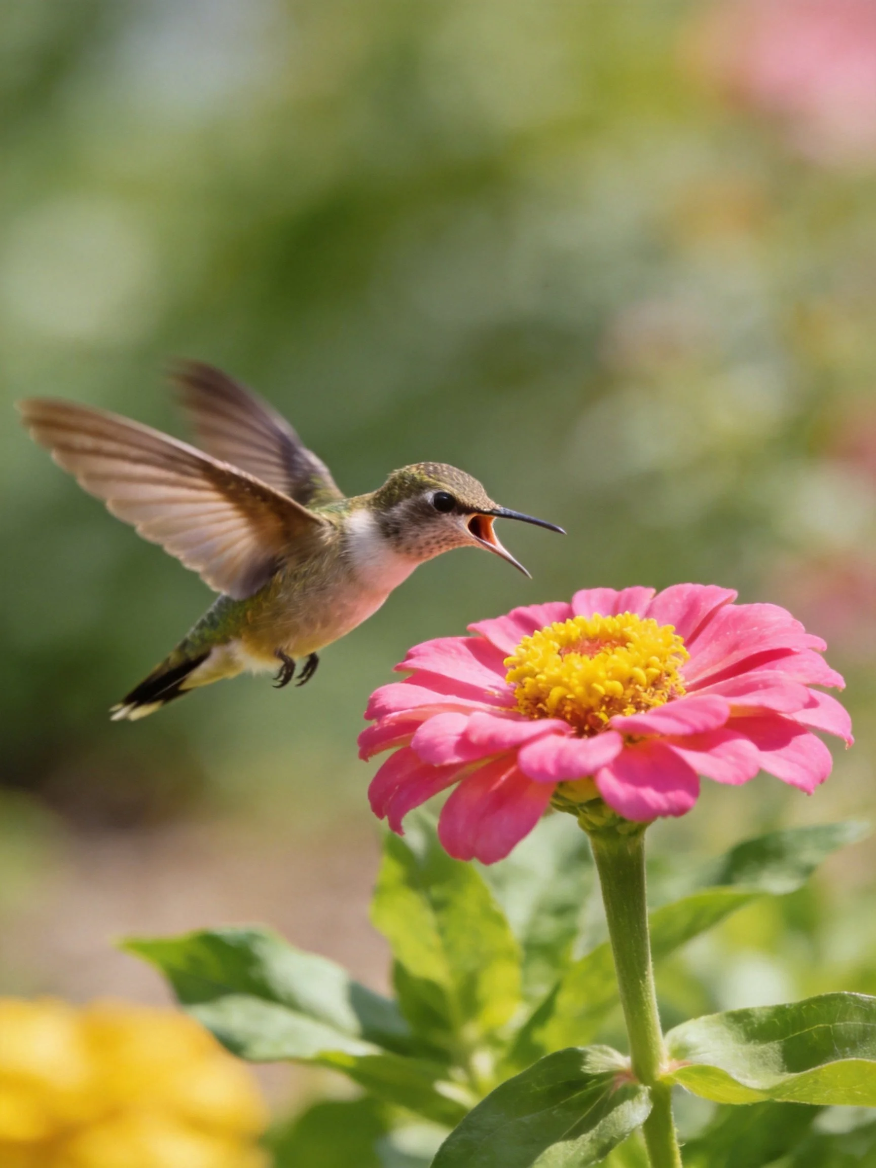 Hummingbird hovering near a vibrant pink zinnia flower