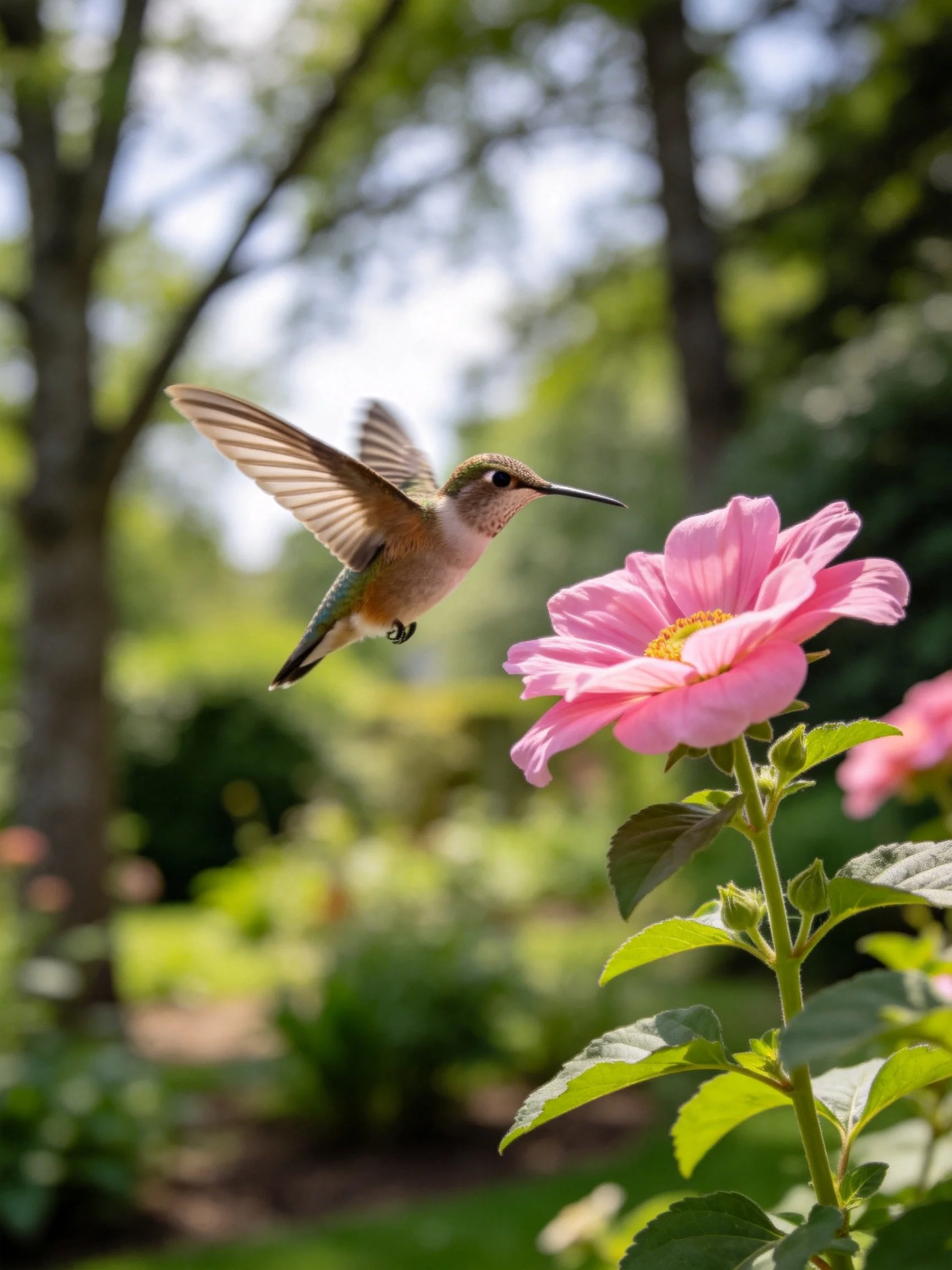 Hummingbird hovering toward bright pink flower in sunny garden
