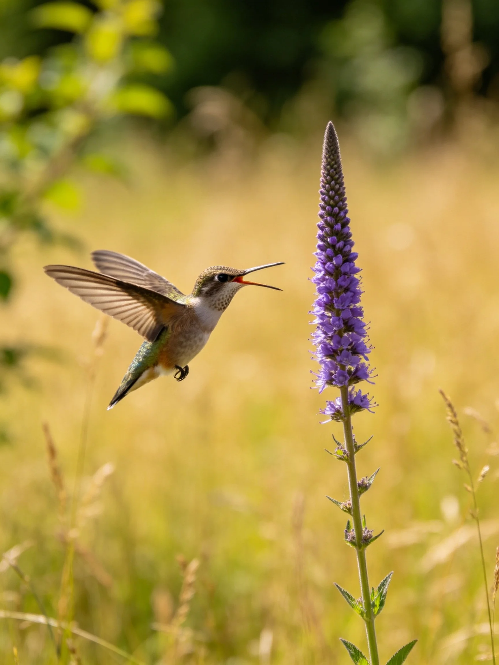 Hummingbird hovers near tall purple flower in sunlit meadow