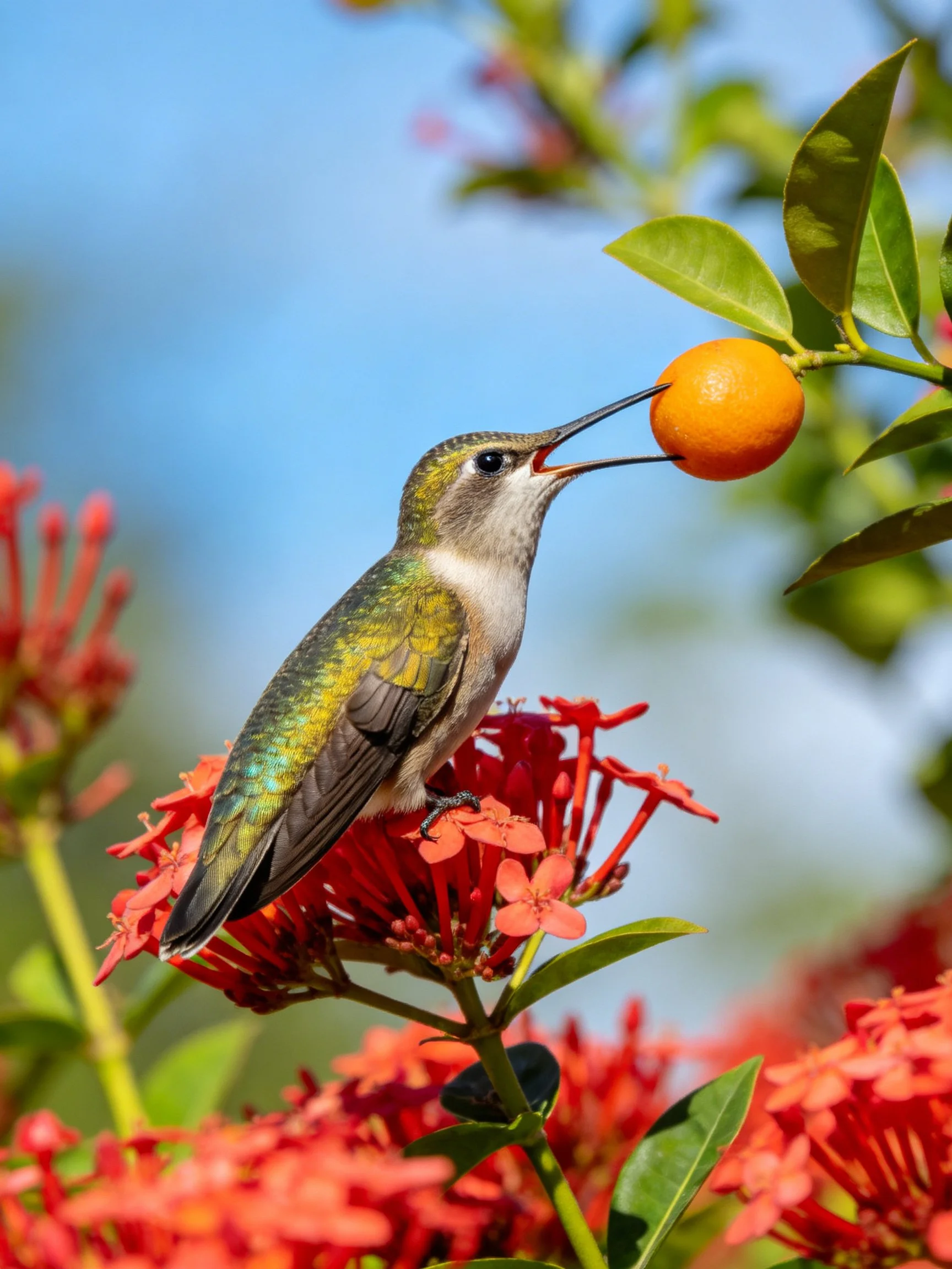 Hummingbird with iridescent feathers eating orange fruit by red flowers