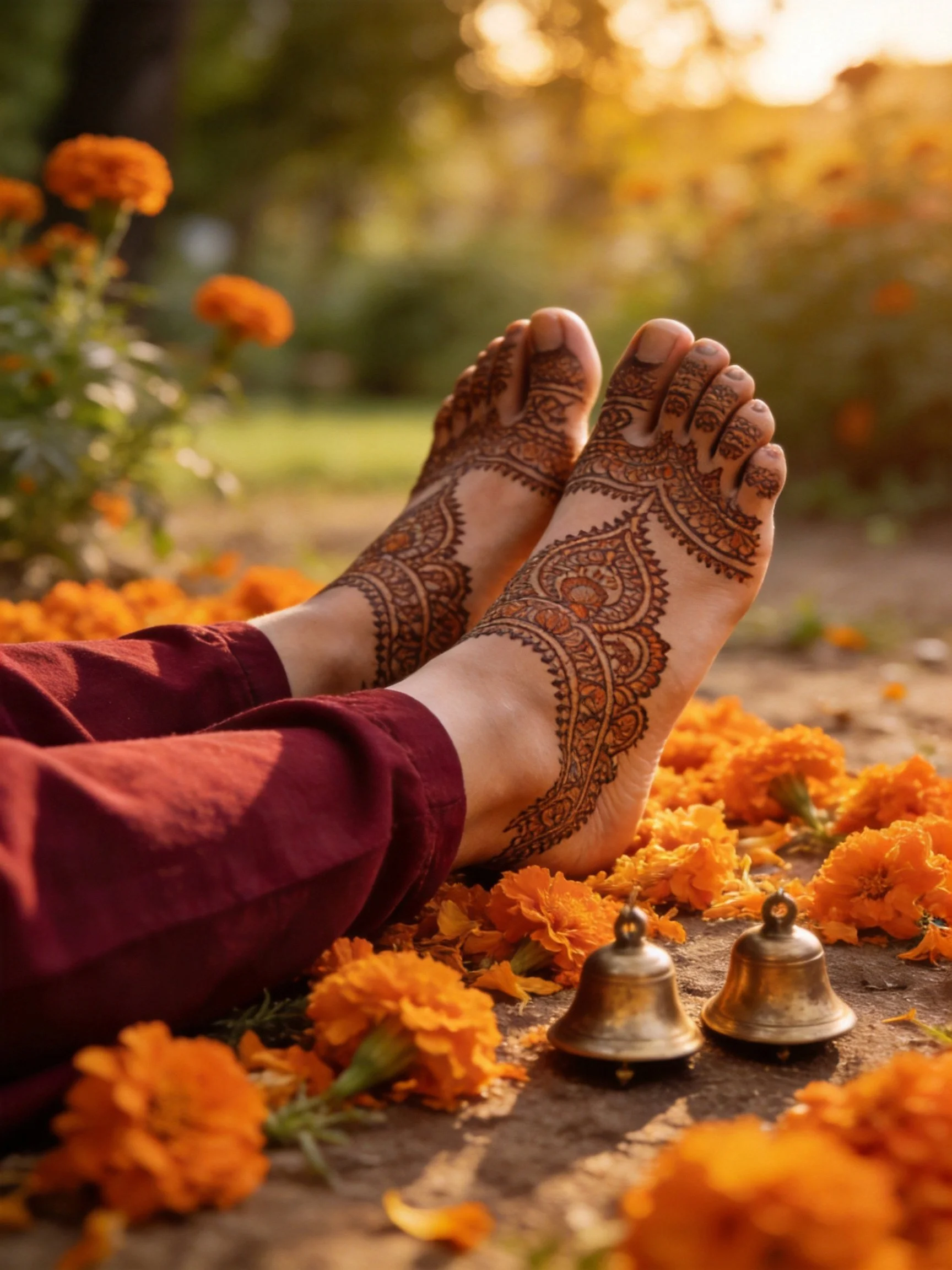 Intricate Henna Foot Art Among Orange Marigolds and Brass Bells