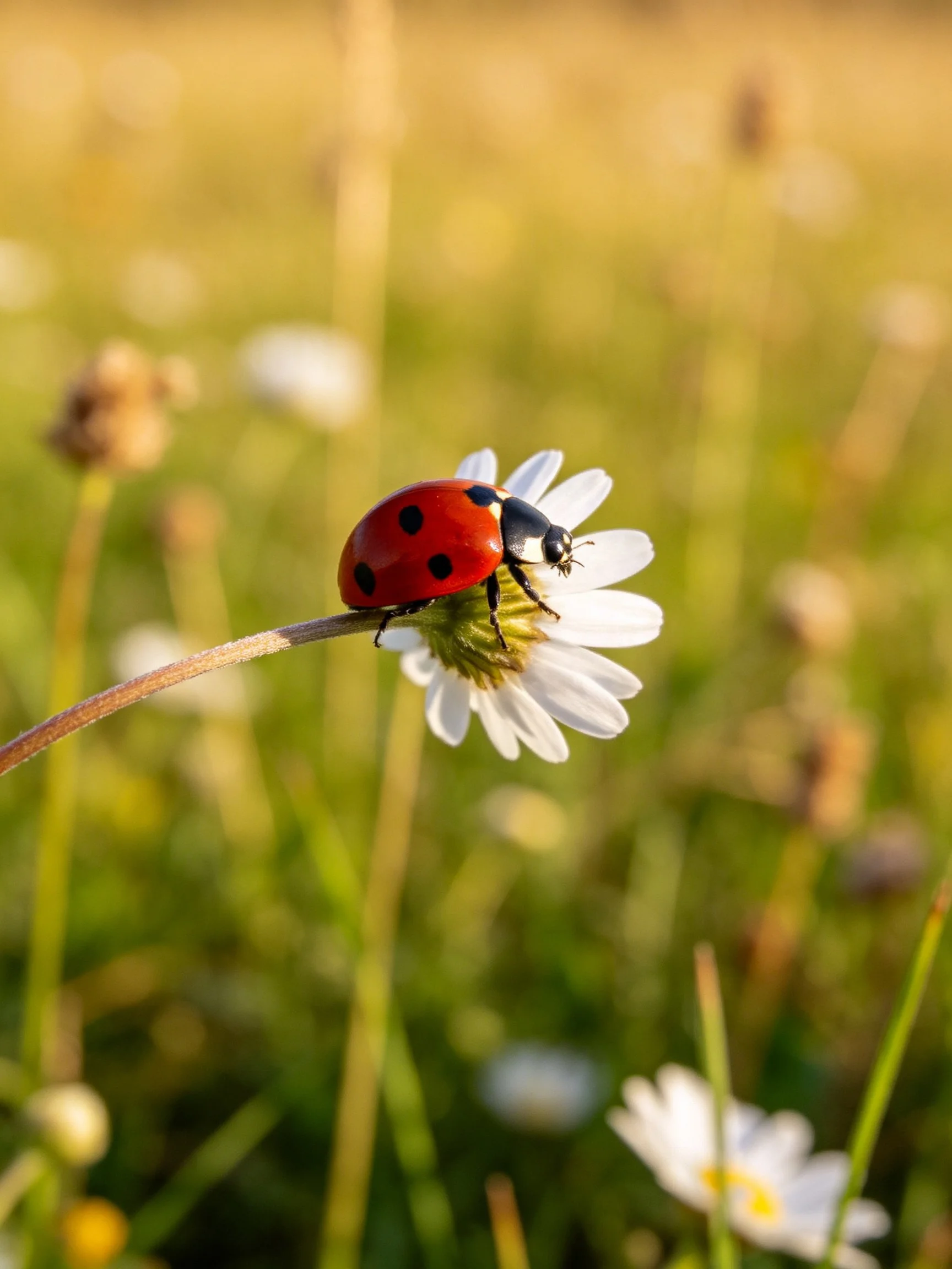 Ladybug perched on white daisy in sunlit meadow