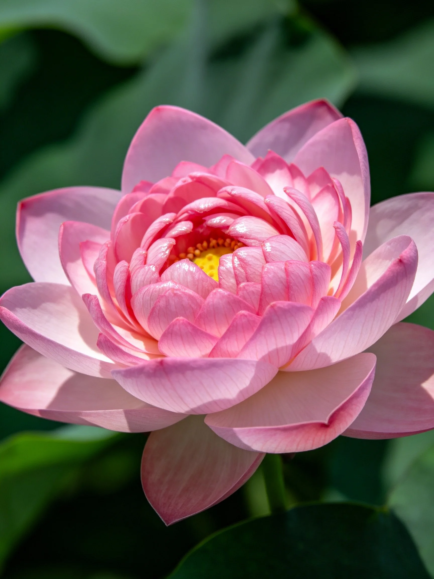 Large blooming pink lotus flower with yellow center