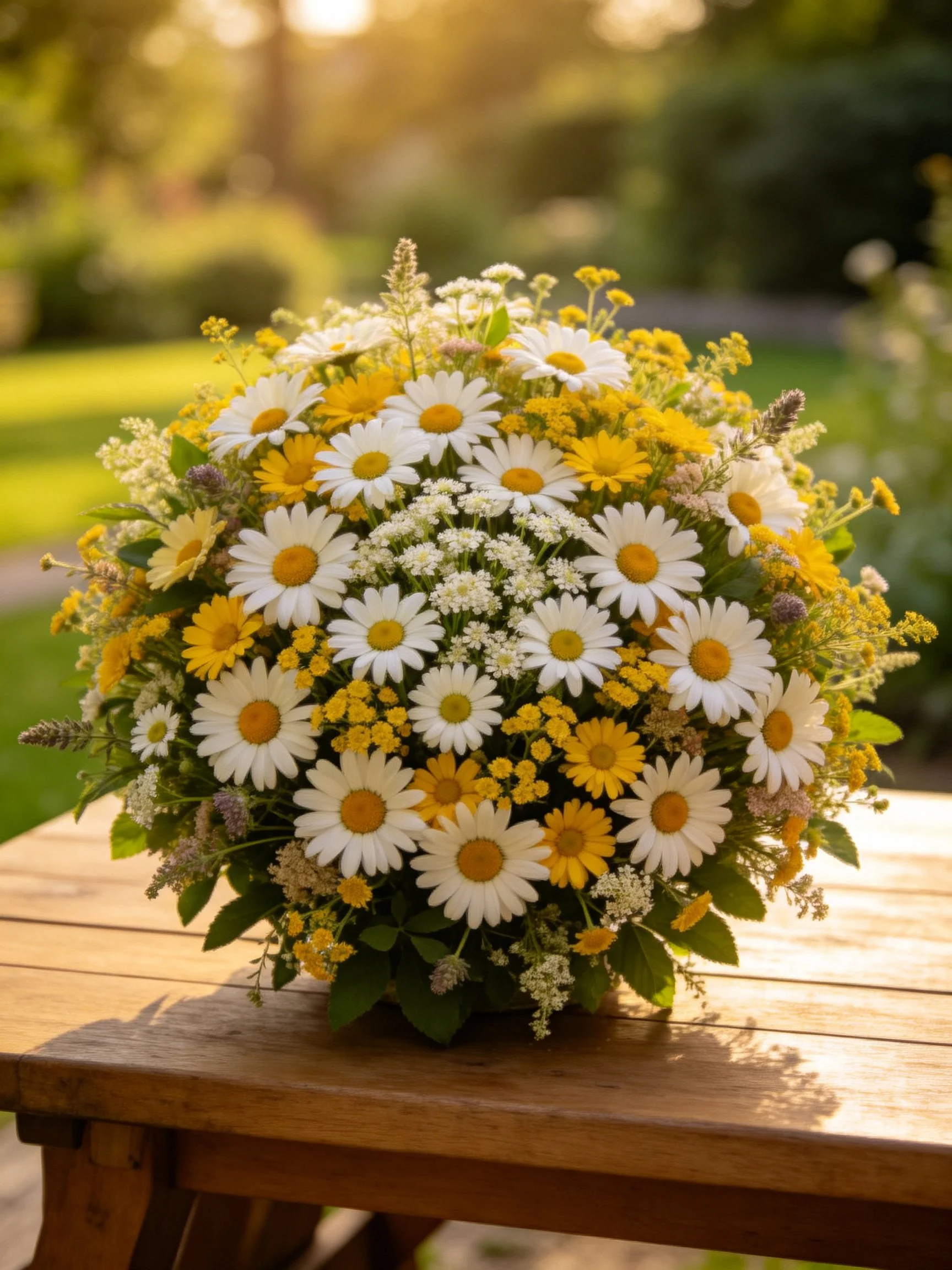 Large floral arrangement with white daisies and yellow flowers on wooden table