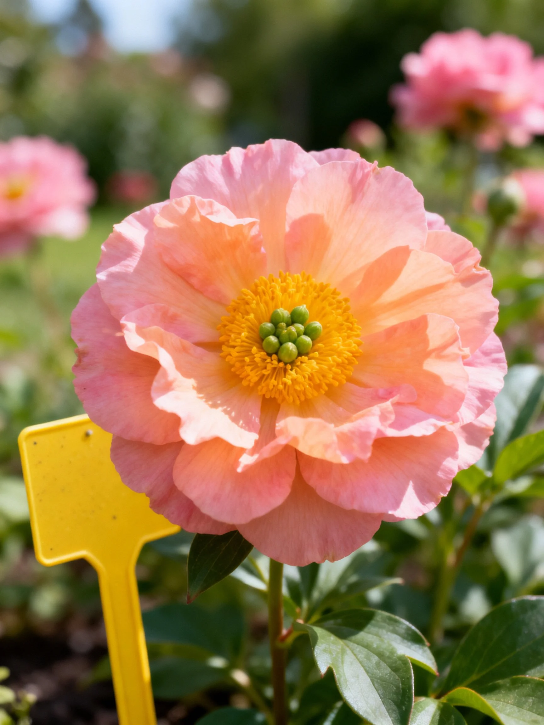 Large peach-pink peony with vibrant yellow center and green surroundings