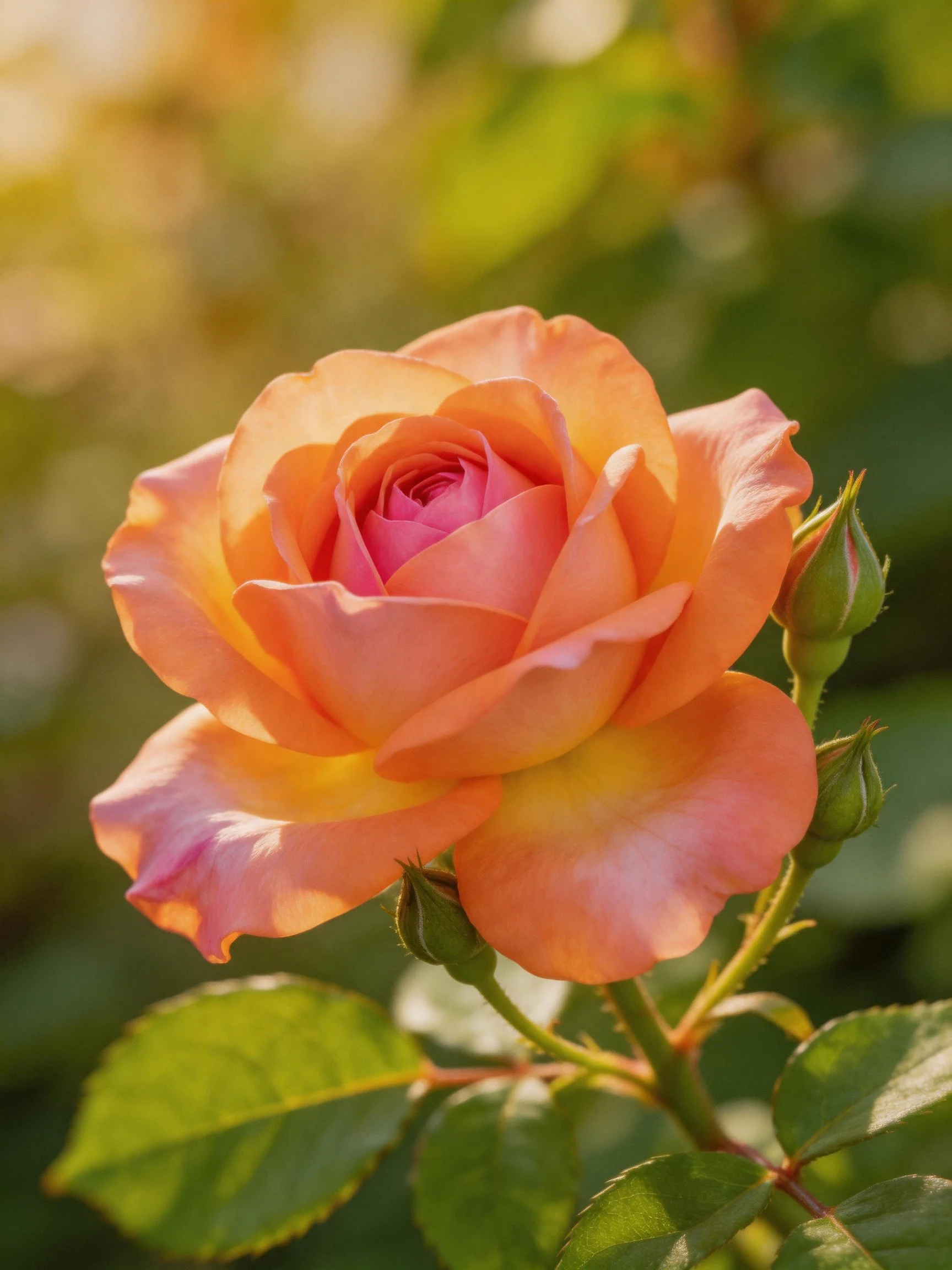 Large peach-pink rose blooms near green buds under warm sunlight