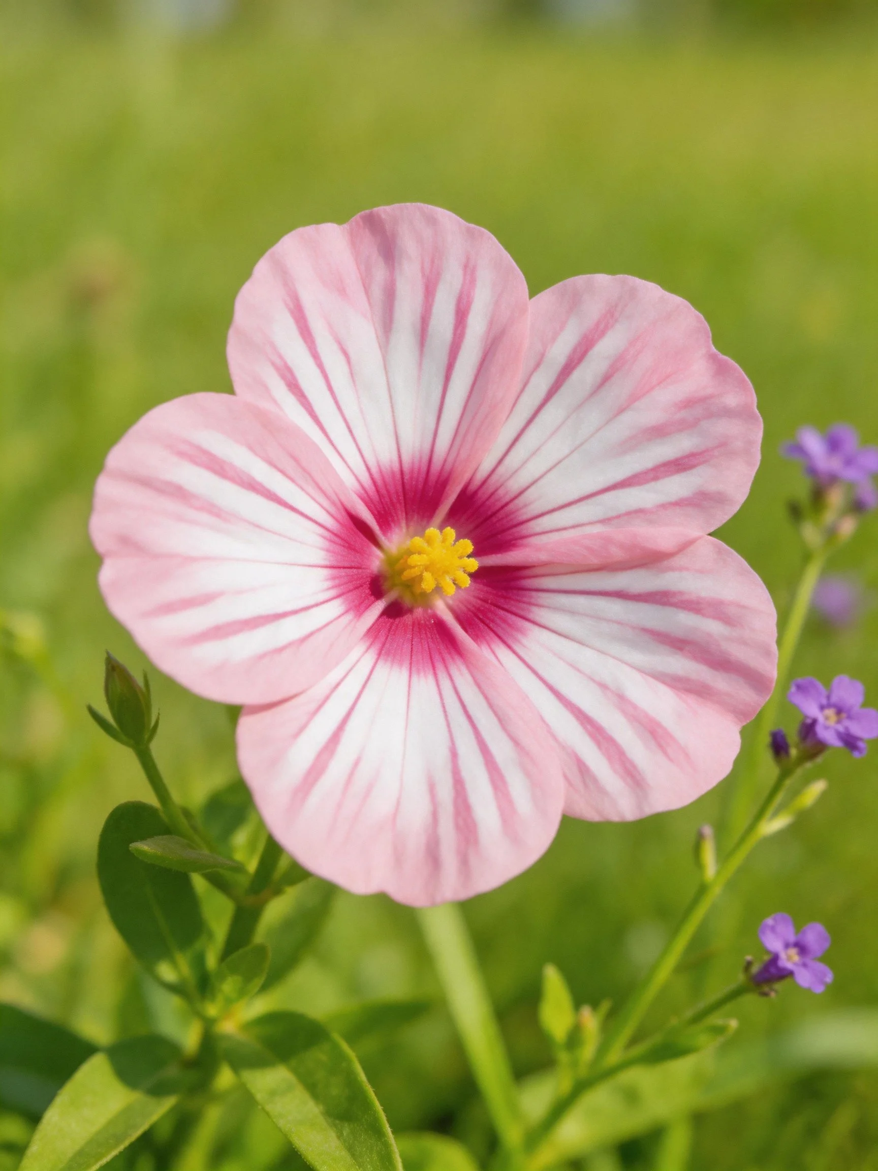 Large pink and white striped flower with yellow center amid