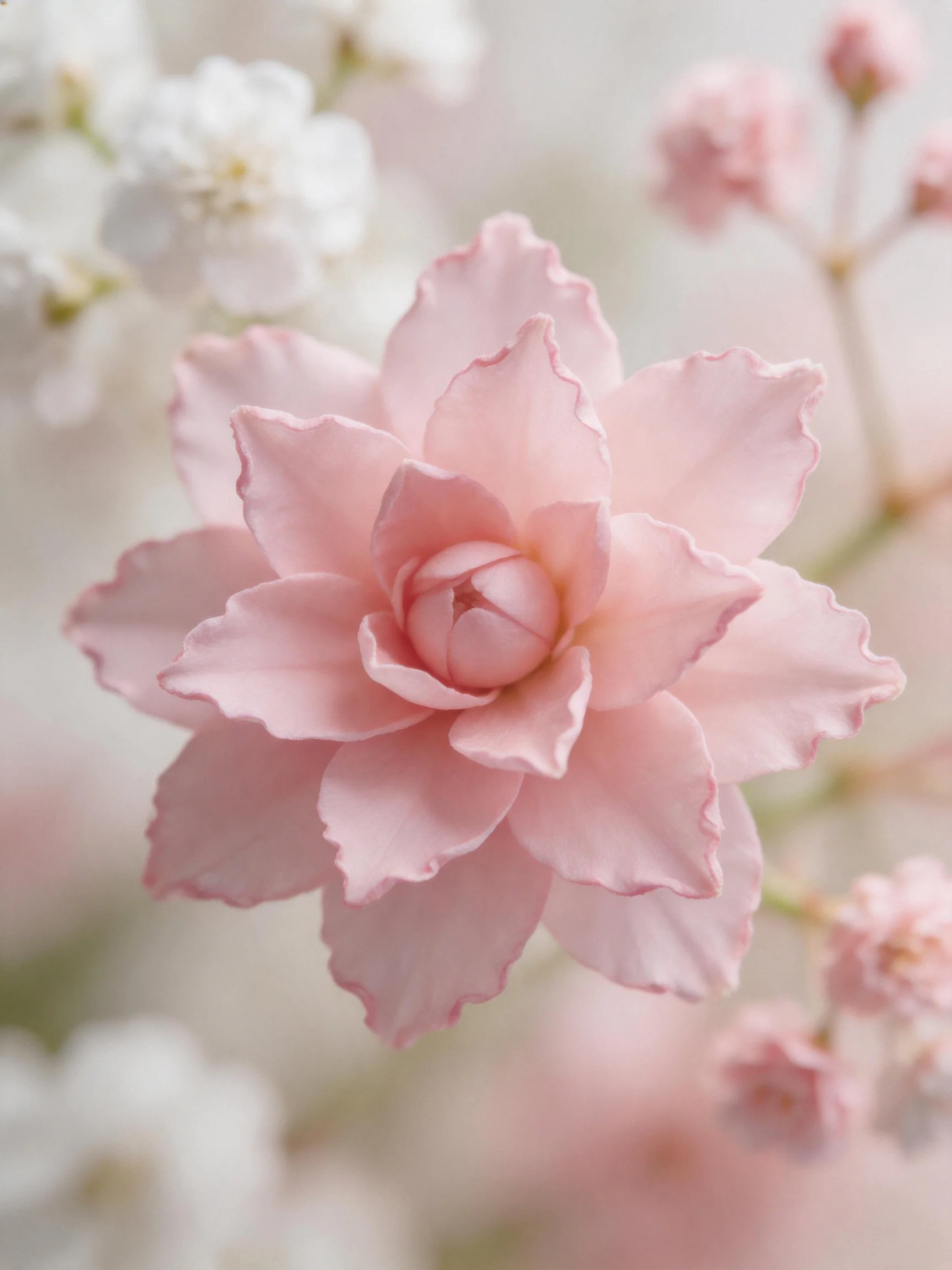 Large pink flower with layered petals among soft-hued blooms