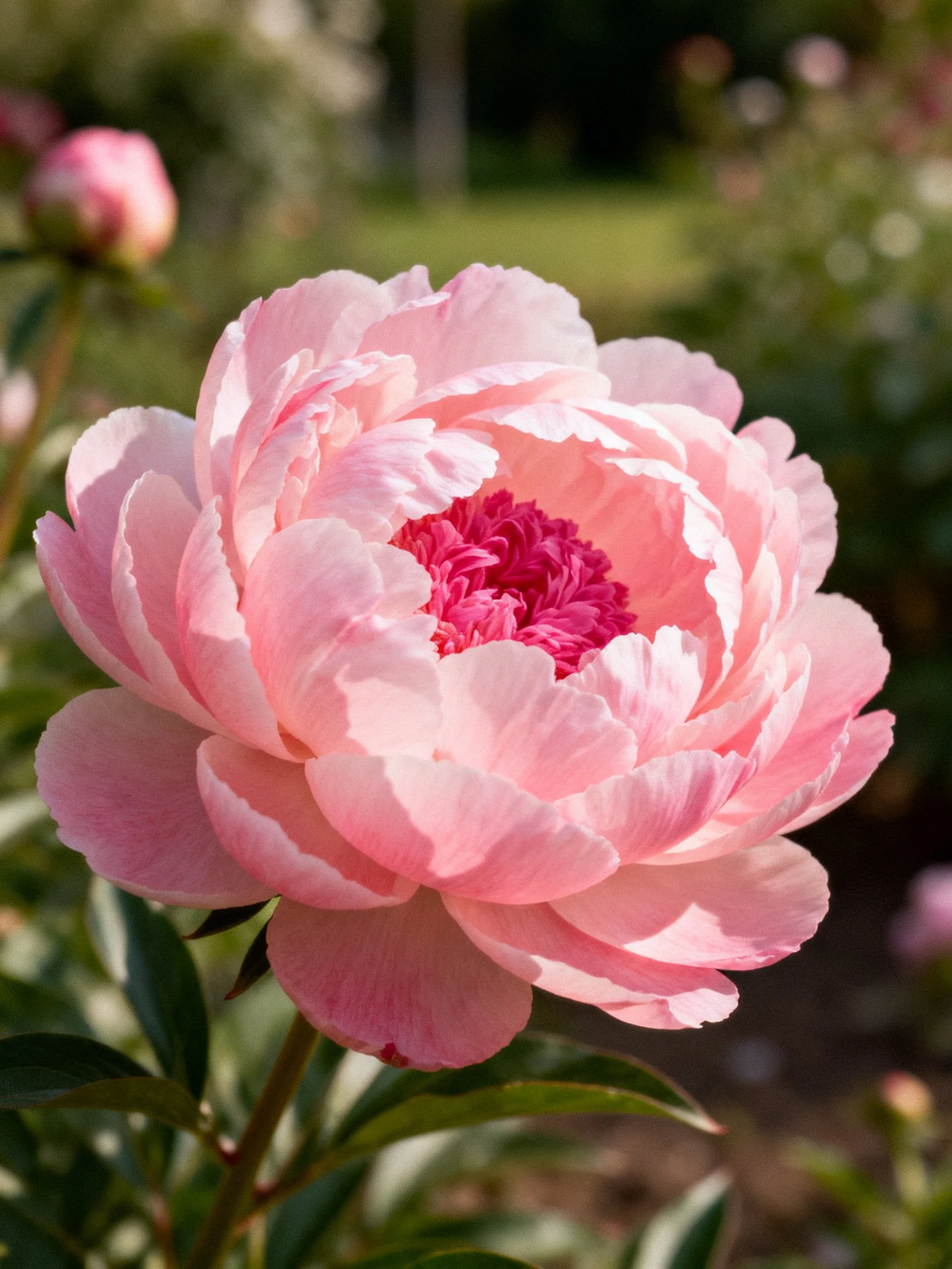Large pink peony with layered petals in a garden