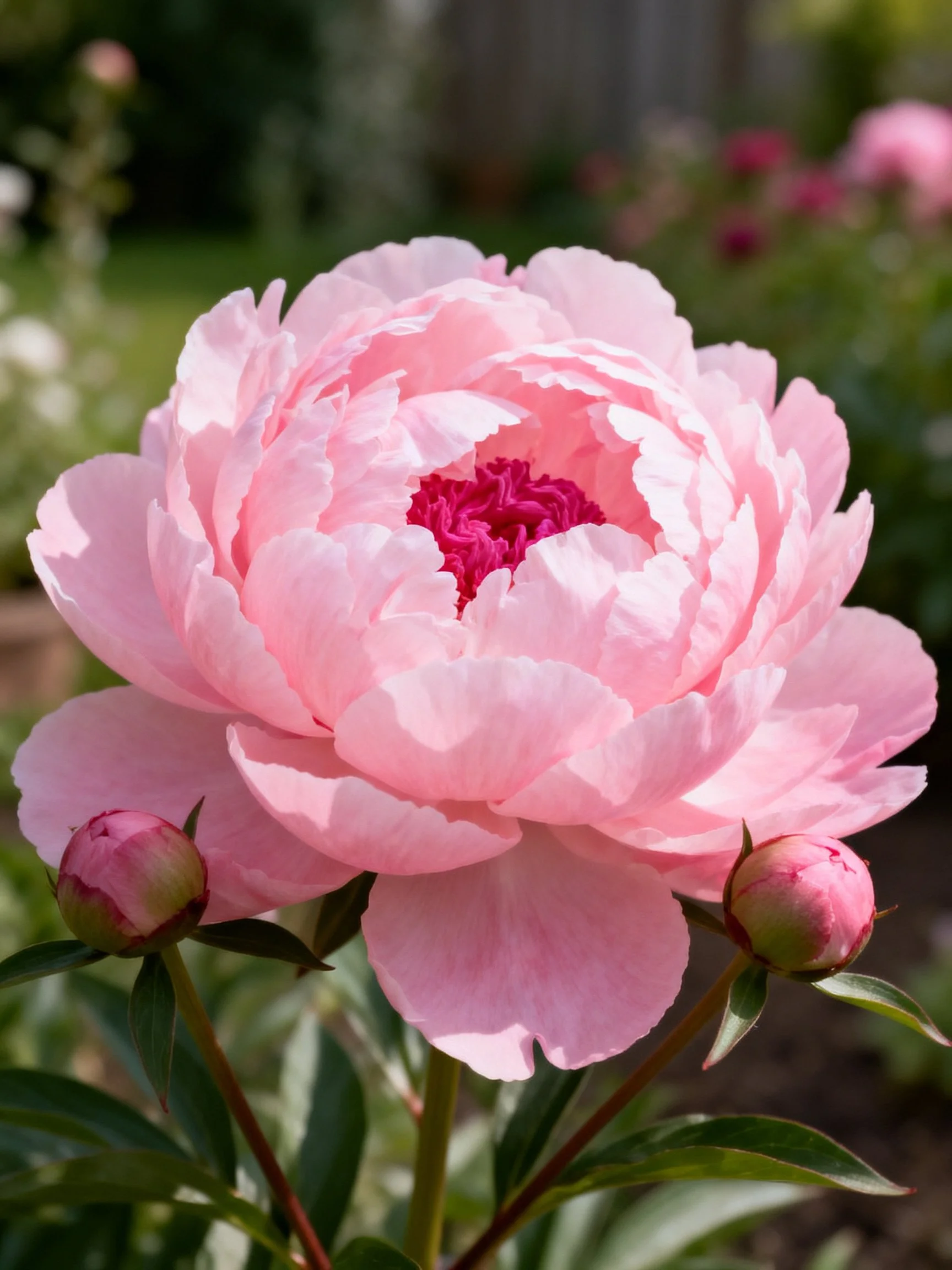 Large pink peony with two buds in garden