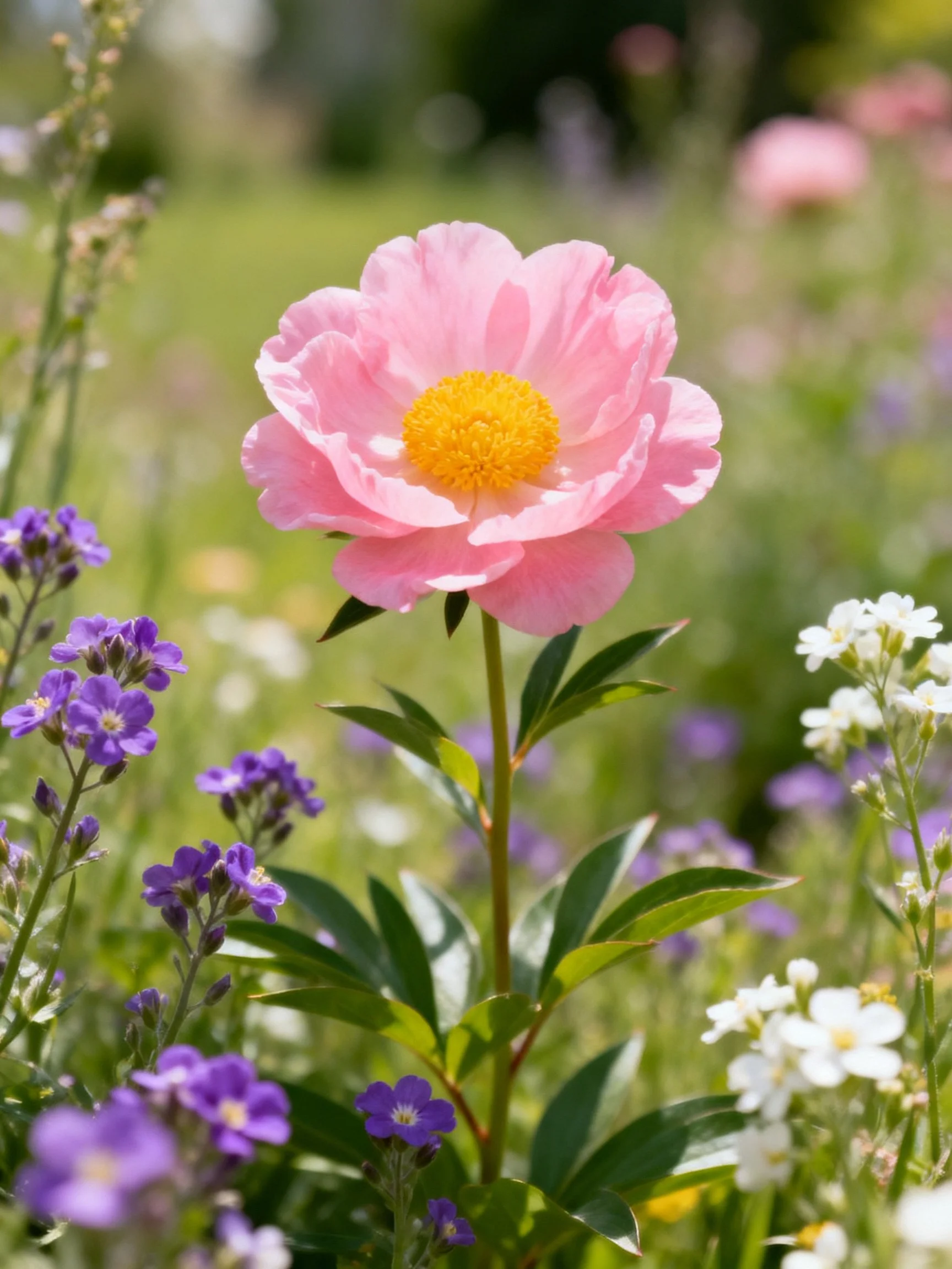 Large pink peony with yellow center amid purple and white flowers