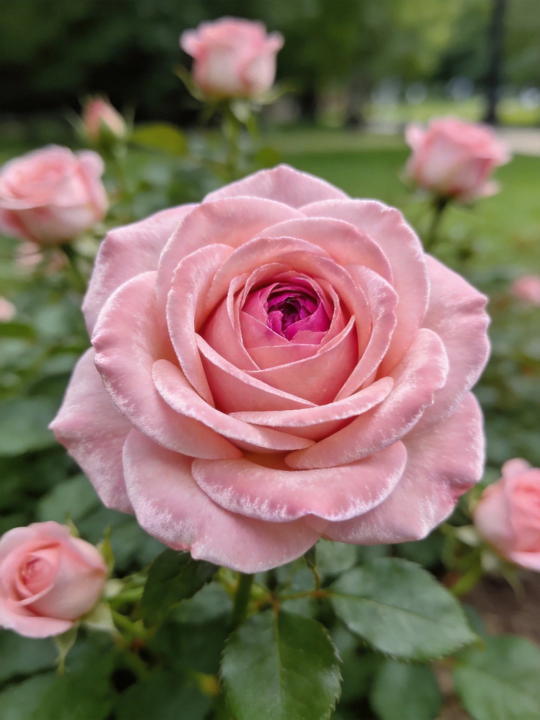 Large pink rose in full bloom with surrounding buds and green leaves
