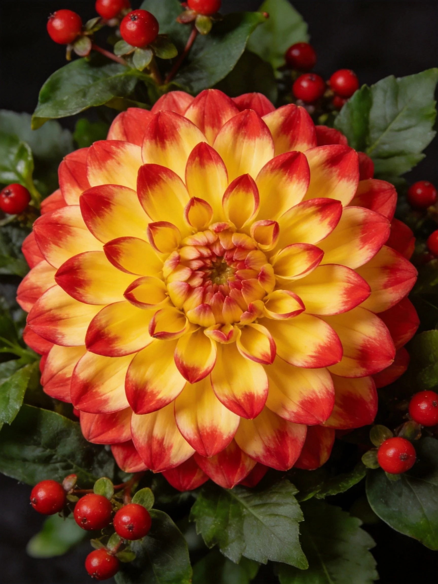 Large red-yellow dahlia flower with green foliage and red berries