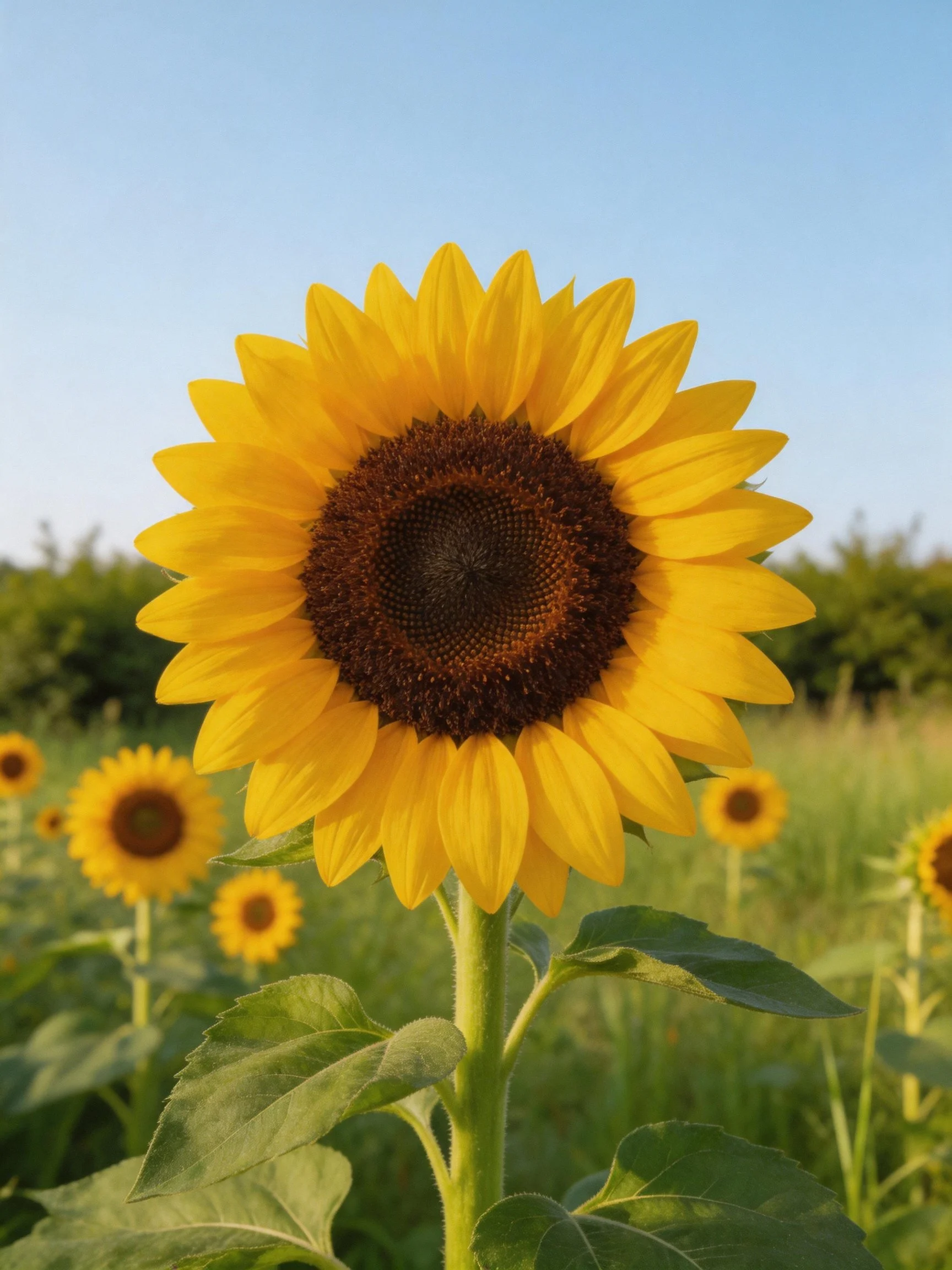 Large sunflower with bright yellow petals and dark center in sunlit field
