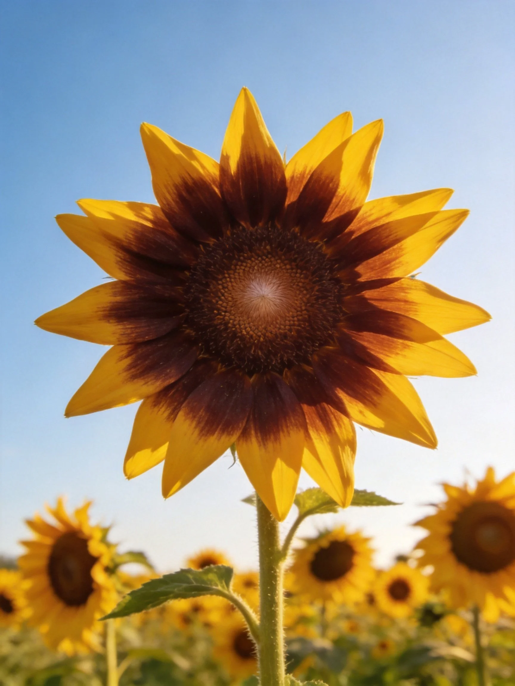 Large sunflower with brown center and yellow petals in a field