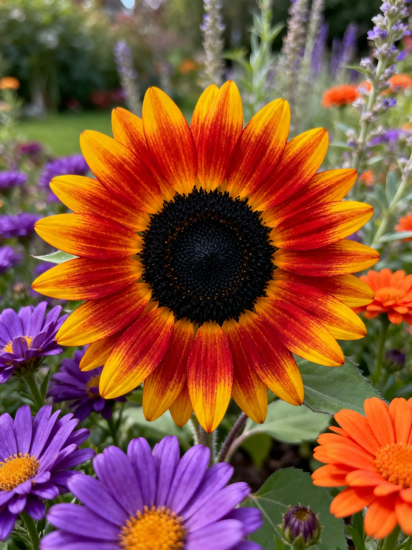 Large sunflower with red-yellow petals among purple and orange flowers