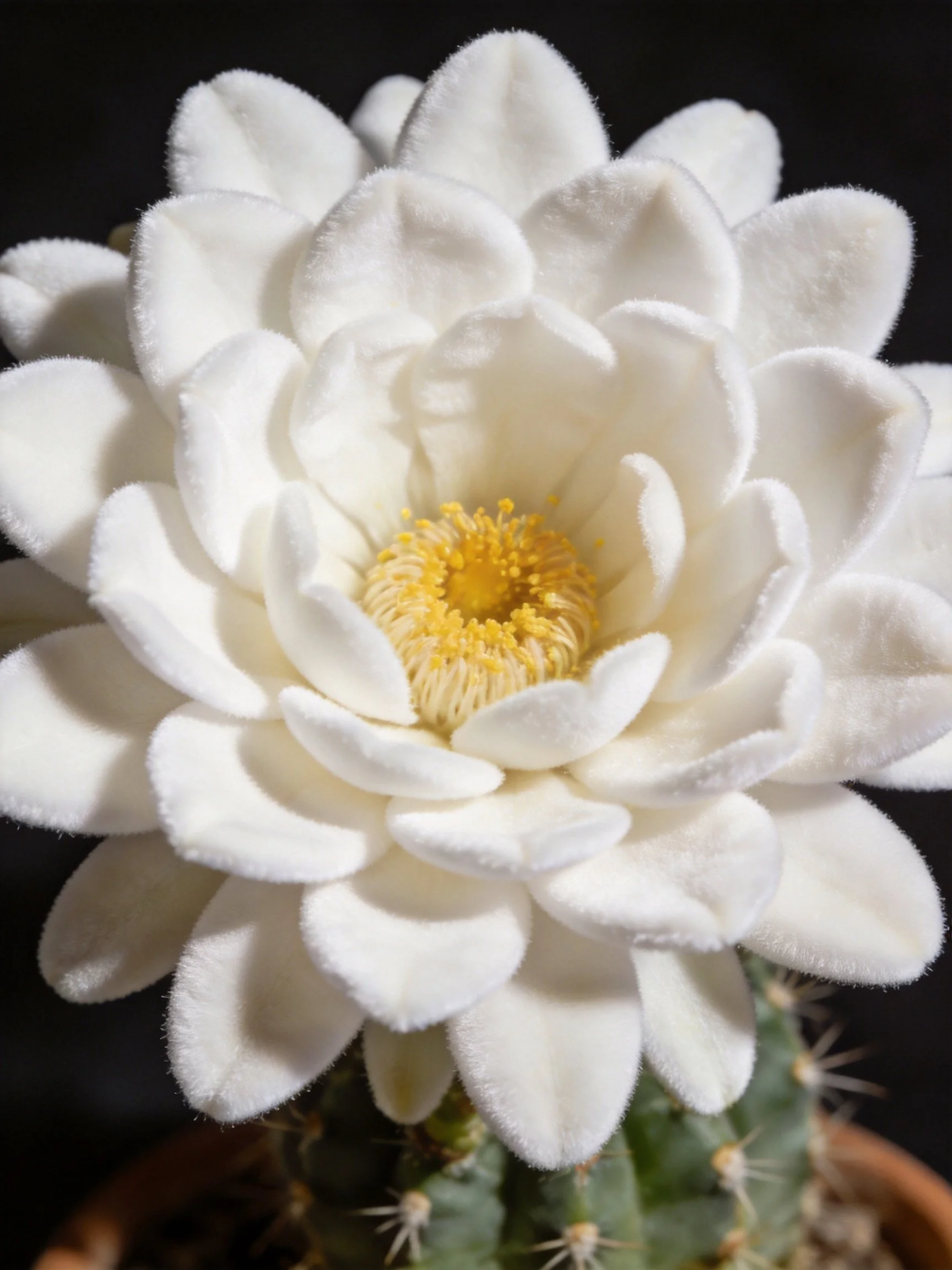 Large white cactus flower with yellow center and fuzzy petals