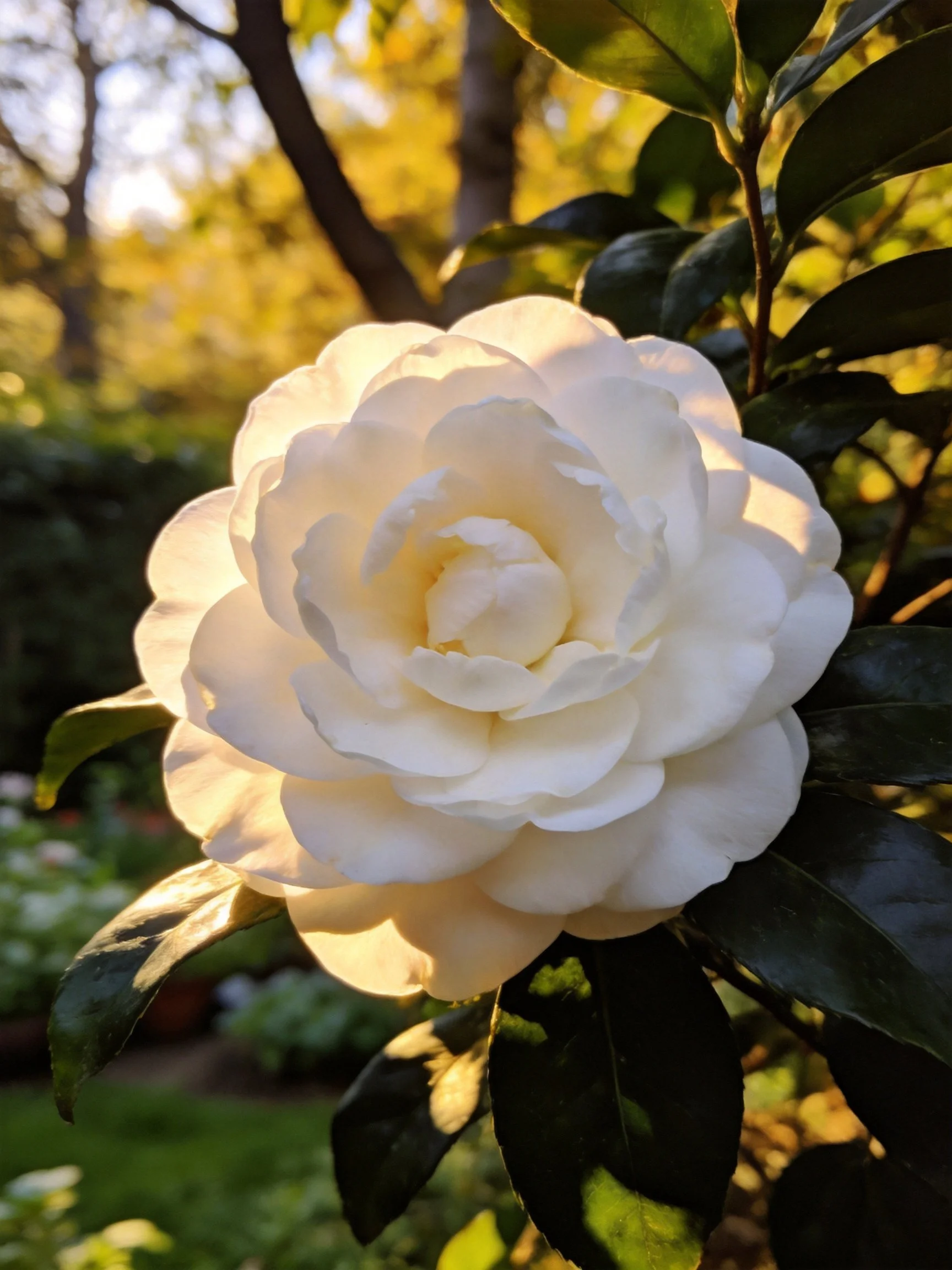 Large white camellia flower in sunlit garden