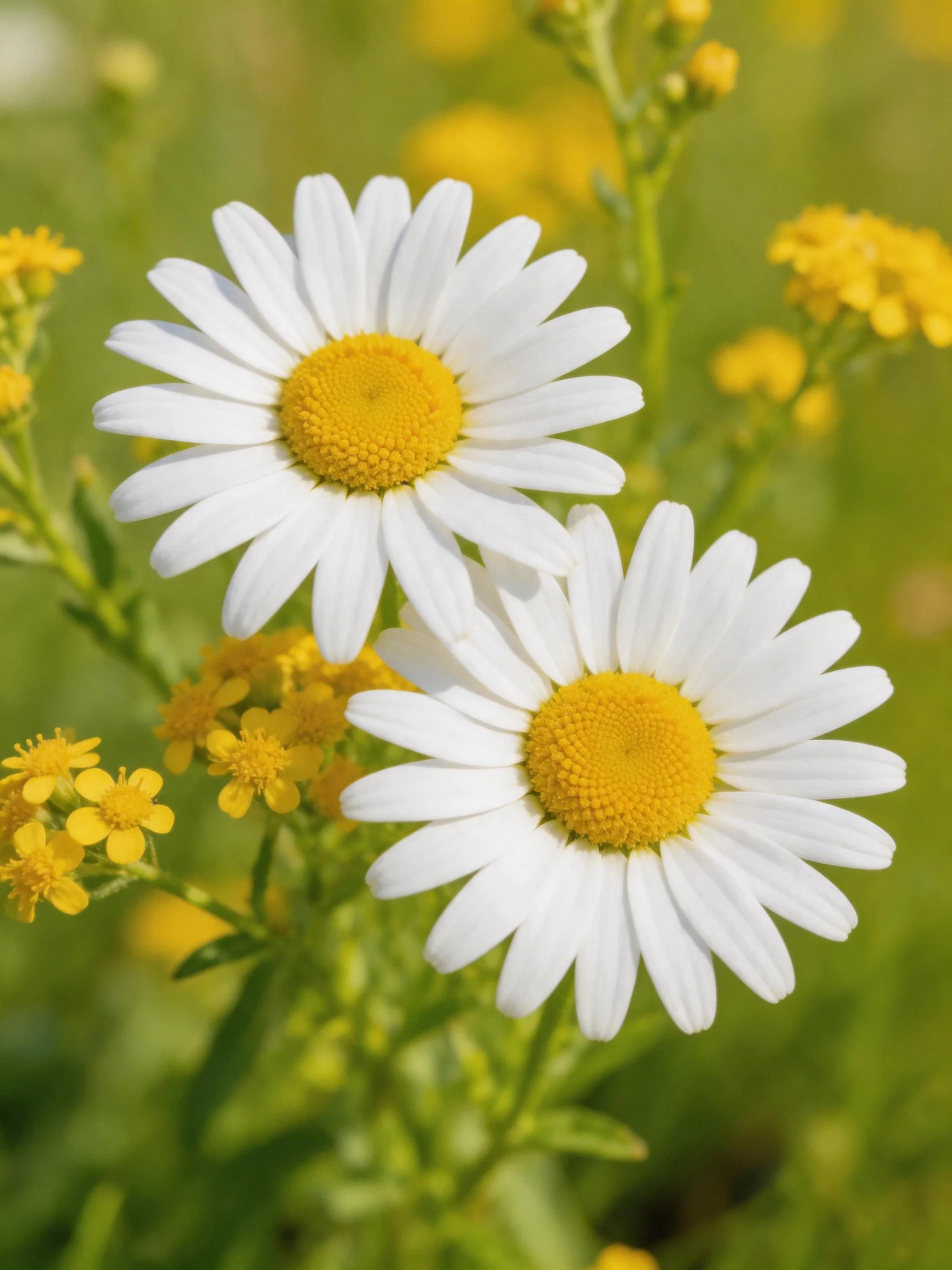 Large white daisies with yellow centers amid small yellow flowers