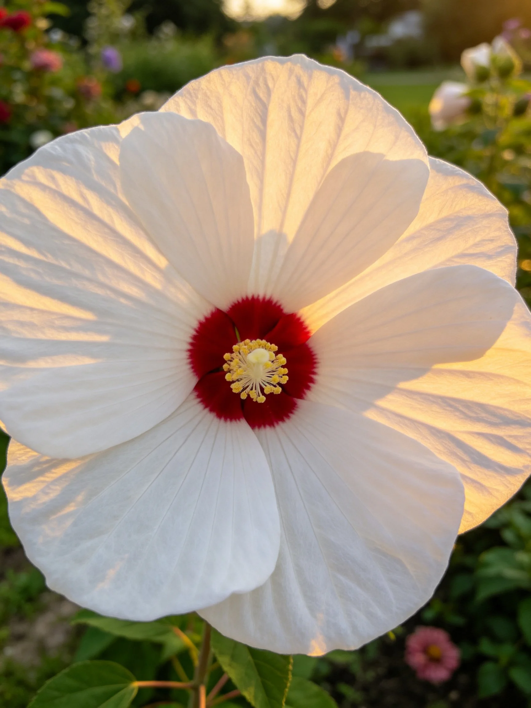 Large white hibiscus with red center in garden