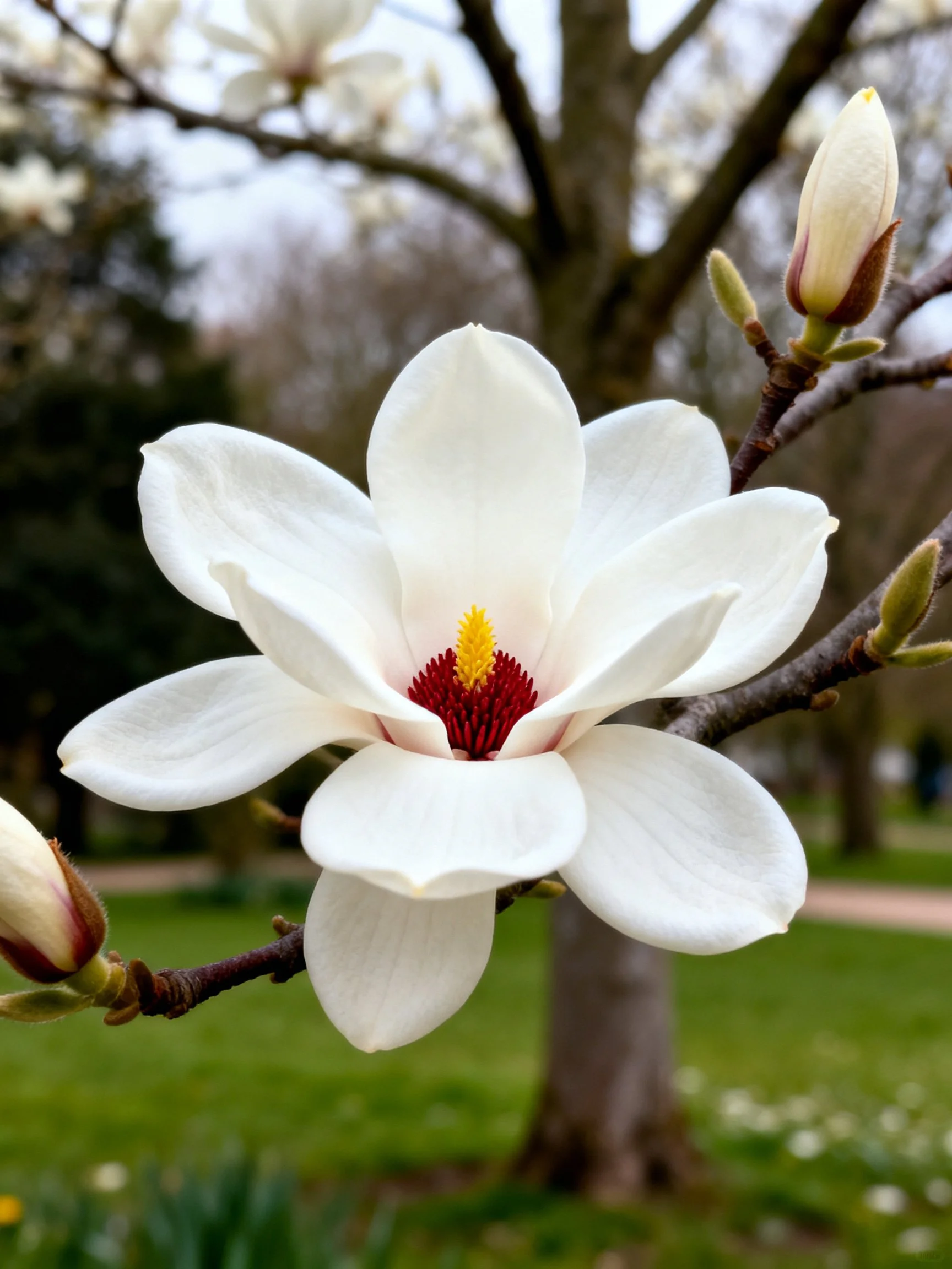 Large white magnolia flower with red and yellow center