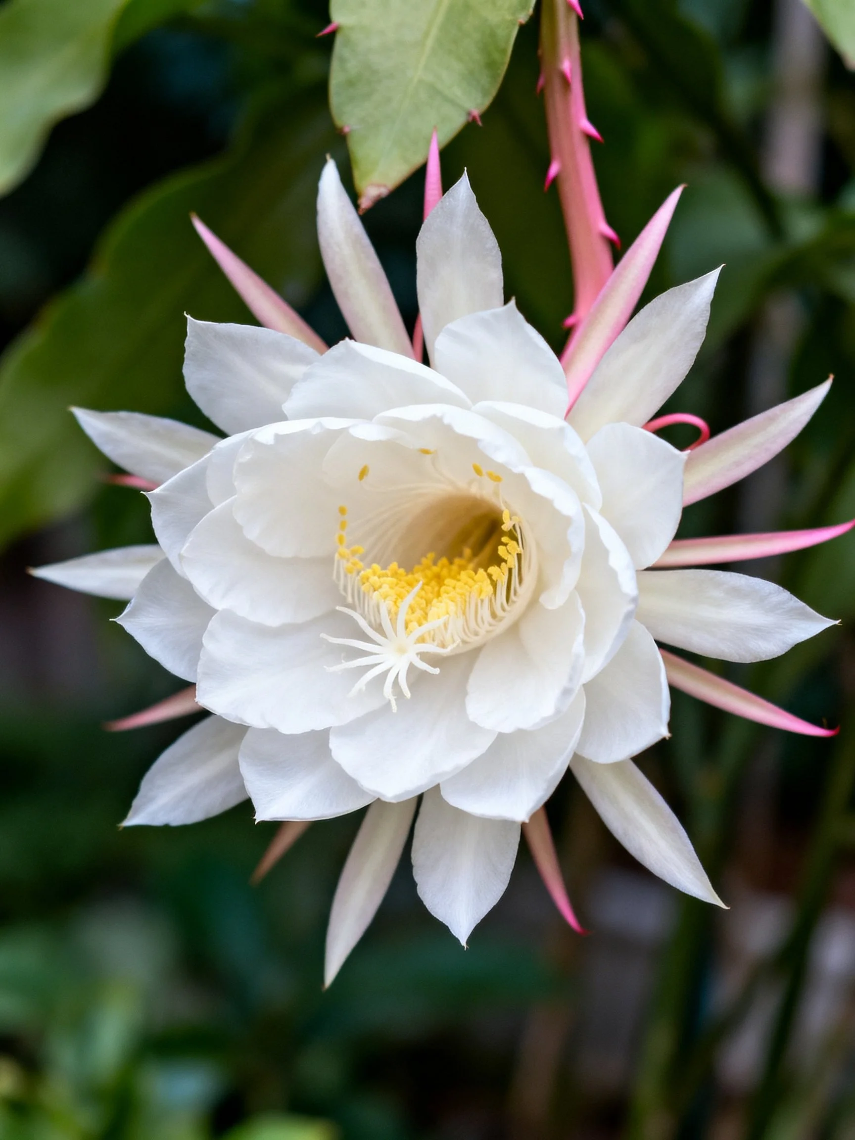 Large white night-blooming cereus flower with pink outer petals